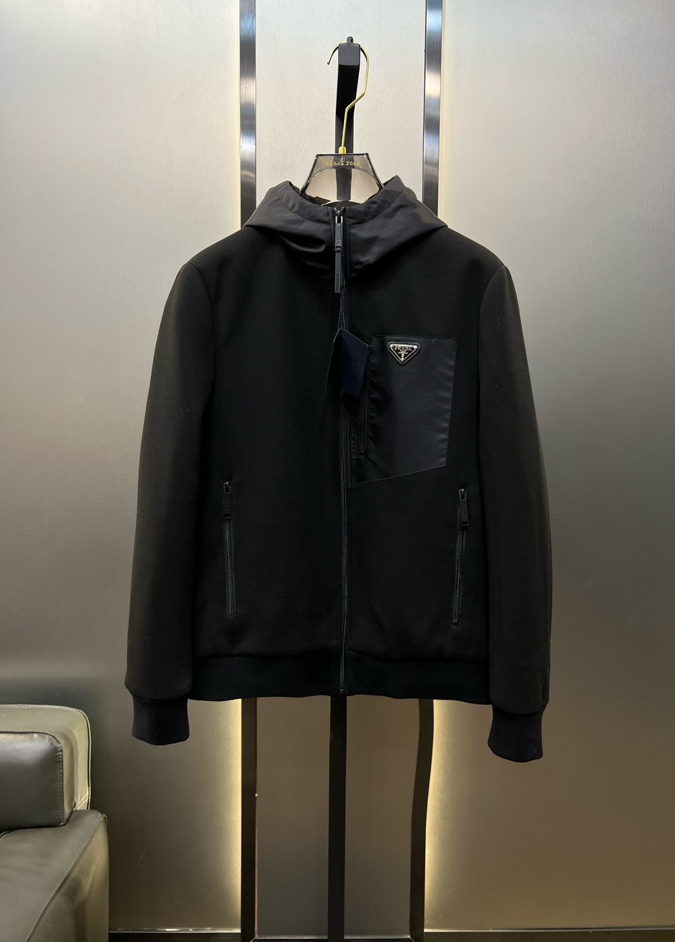 Prada Black Hooded Full-Zip Jacket with Triangle Chest Badge — hero
