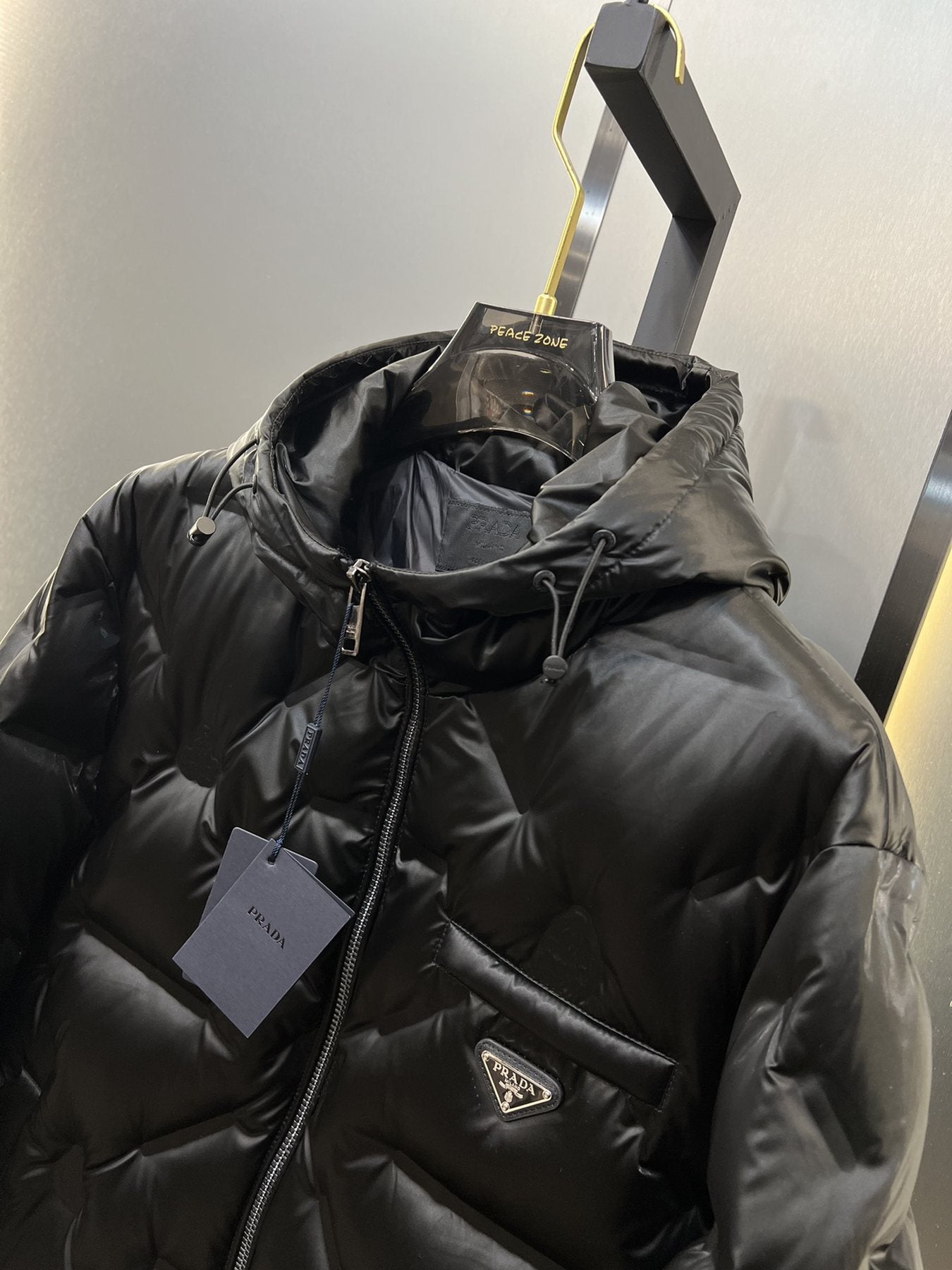 Prada Black Hooded Quilted Puffer Jacket — detail