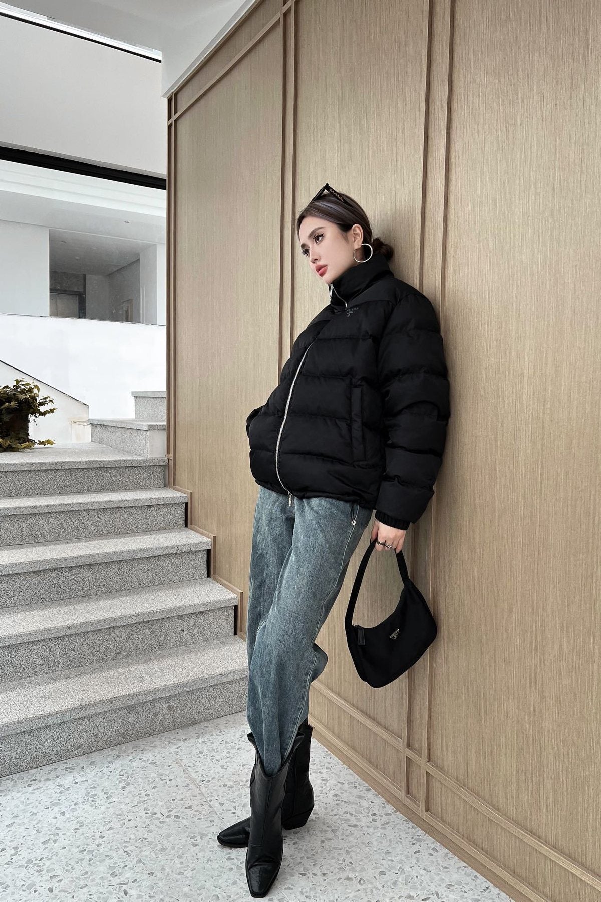 Prada Black Quilted Logo Puffer Jacket — context