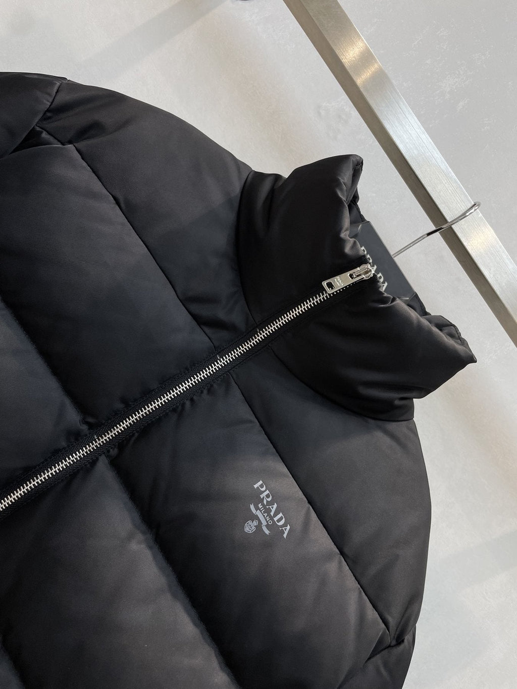 Prada Black Quilted Logo Puffer Jacket — detail