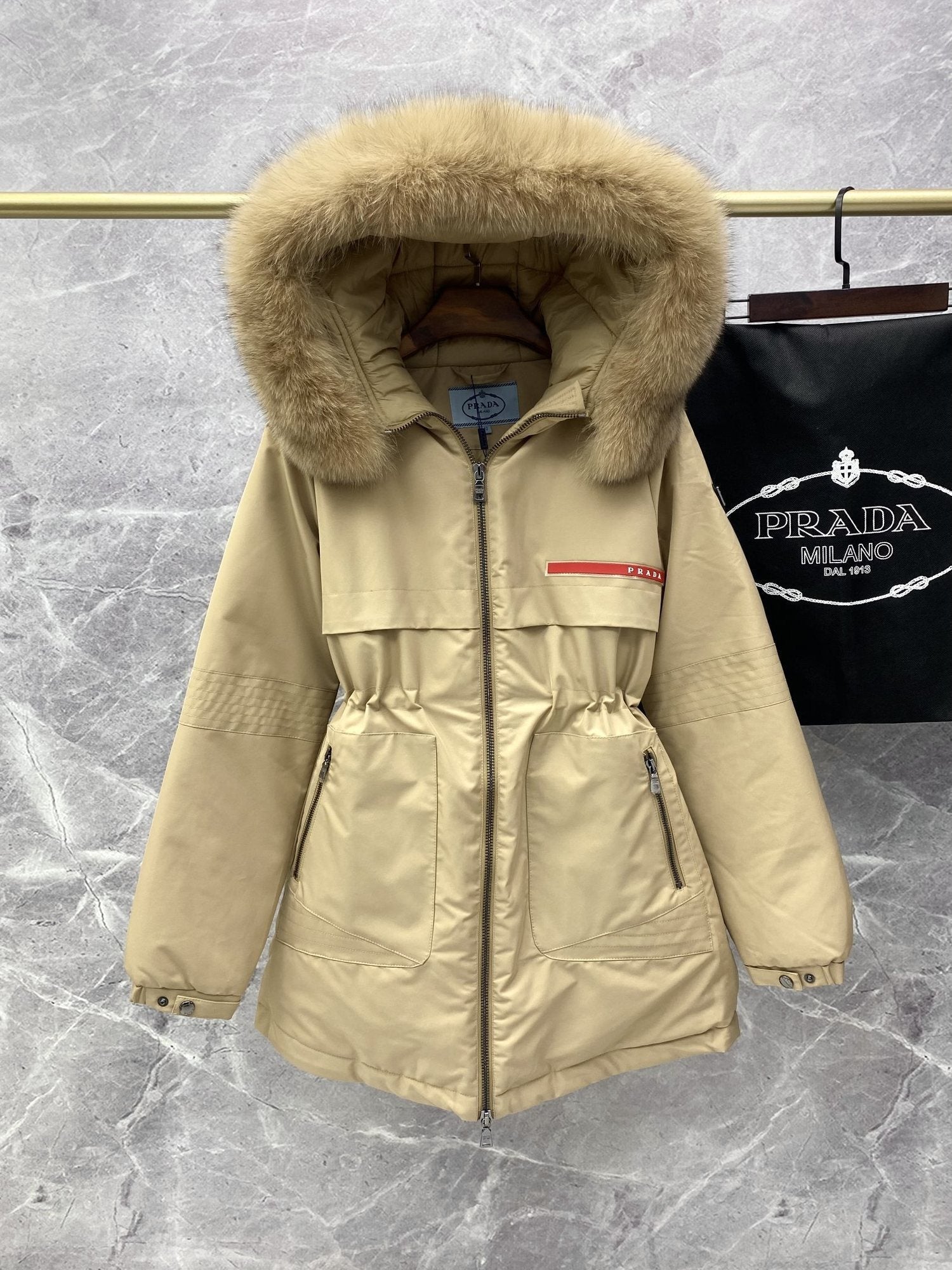 Prada Fur-Trim Hood Long Down Jacket — hero