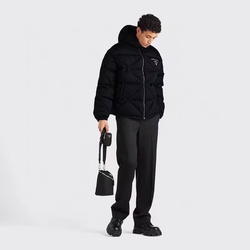 Prada Men's Black Diamond-Quilted Hooded Puffer Jacket — context