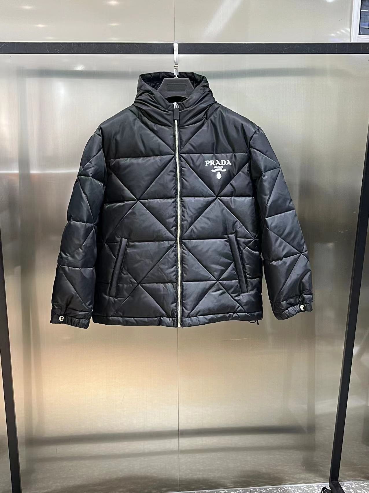 Prada Men's Black Diamond-Quilted Hooded Puffer Jacket — hero