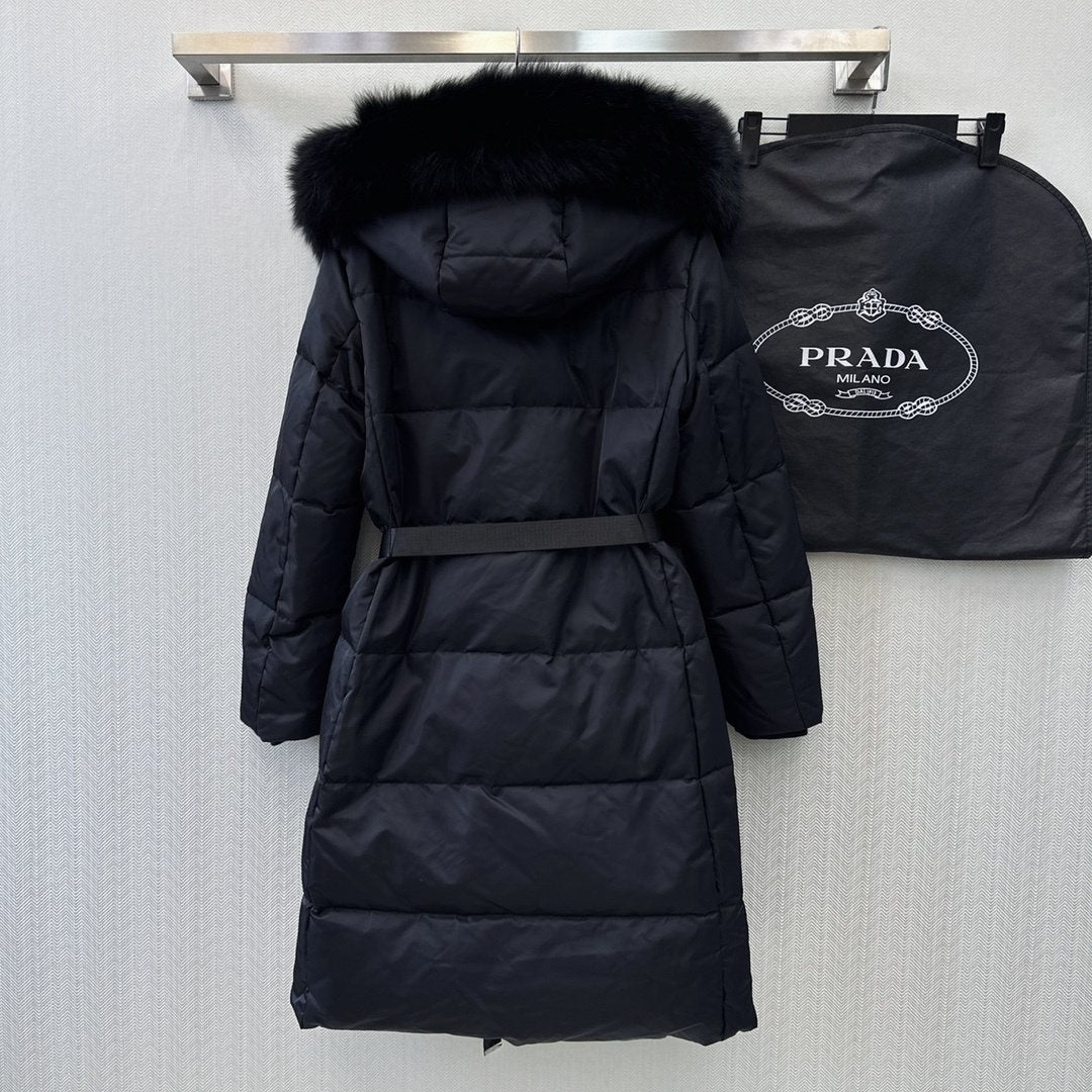 Prada Fur-Trim Hooded Longline Puffer Jacket — back