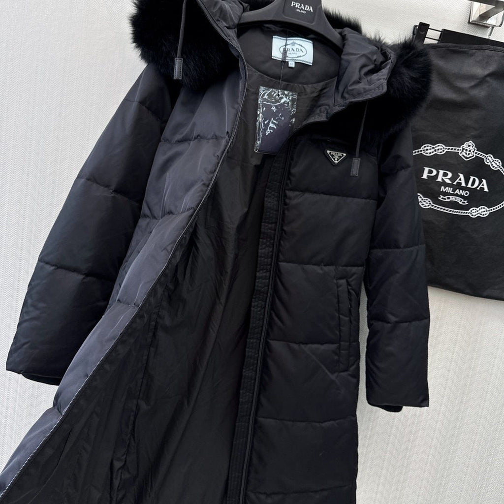 Prada Fur-Trim Hooded Longline Puffer Jacket — detail