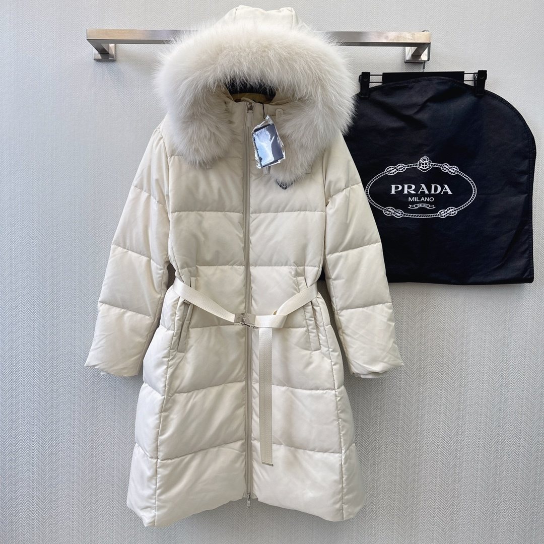 Prada Fur-Trim Hooded Longline Puffer Jacket — hang_tag
