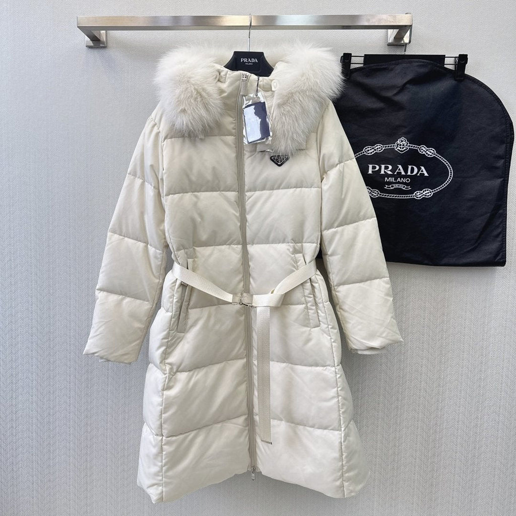 Prada Fur-Trim Hooded Longline Puffer Jacket — hang_tag