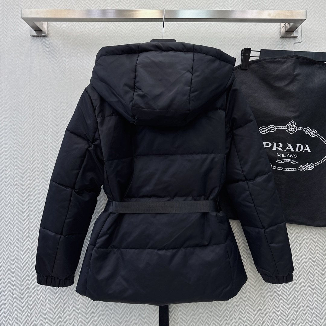 Prada Belted Hooded Puffer Jacket — context