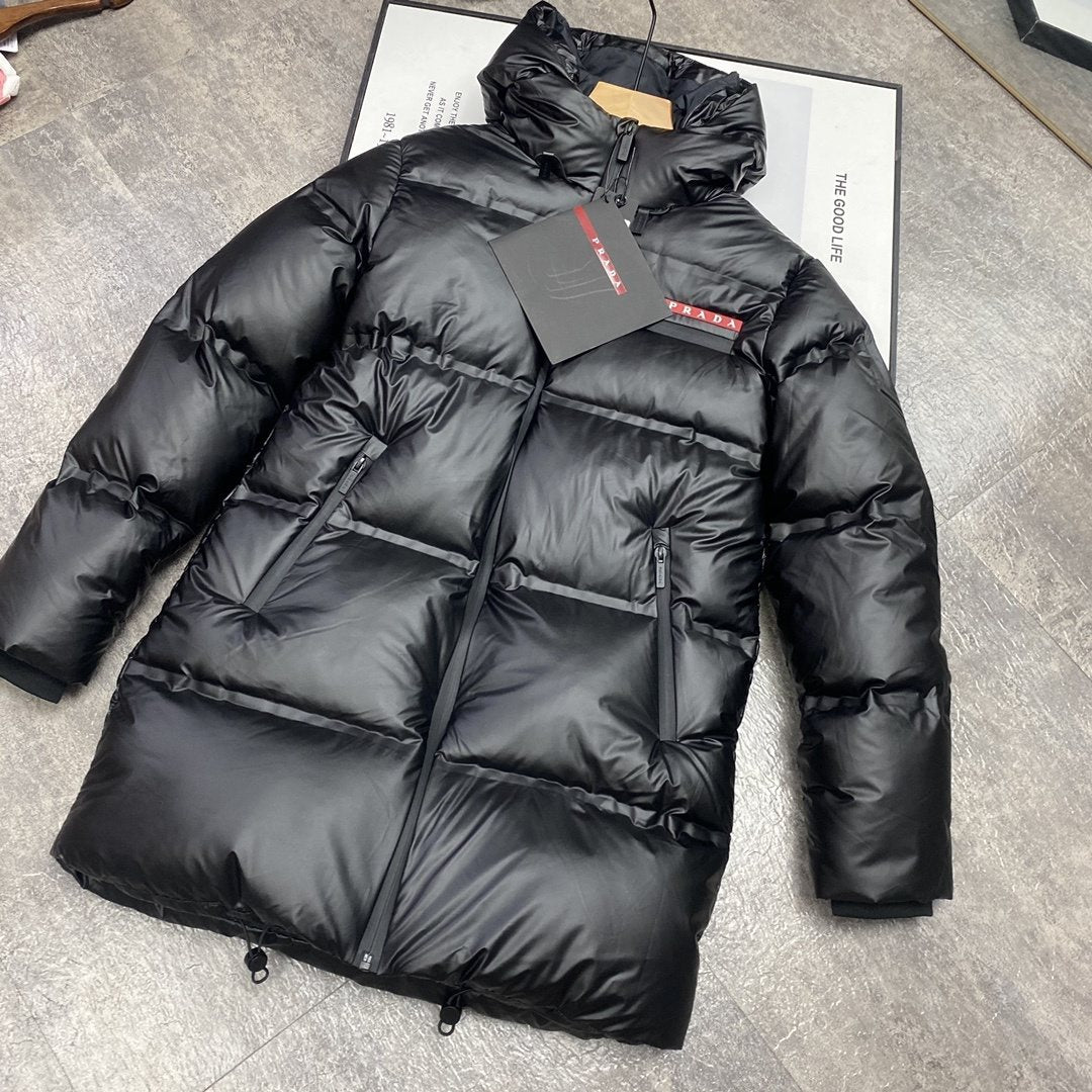 Prada Hooded Long Down Jacket — detail
