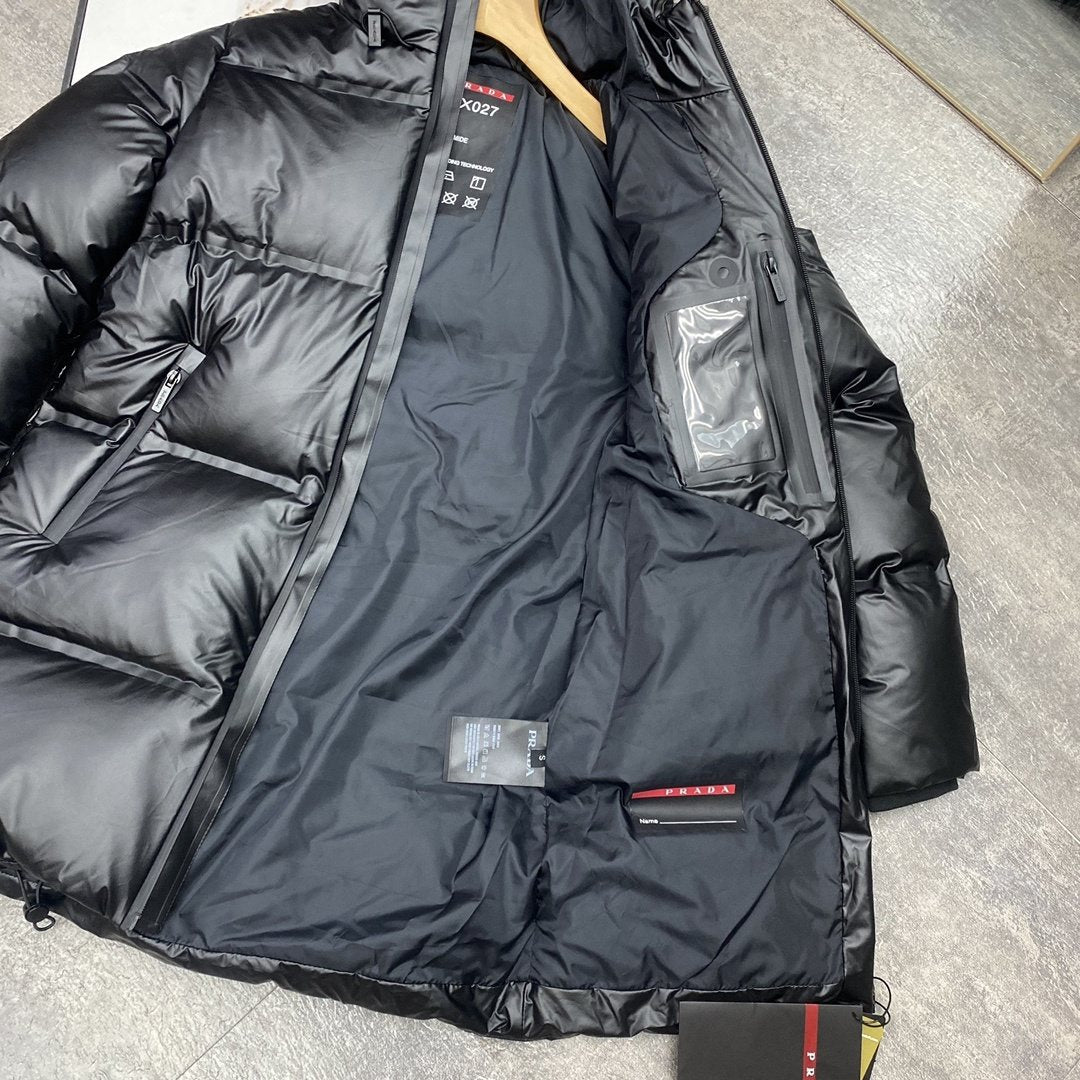 Prada Hooded Long Down Jacket — neck_label