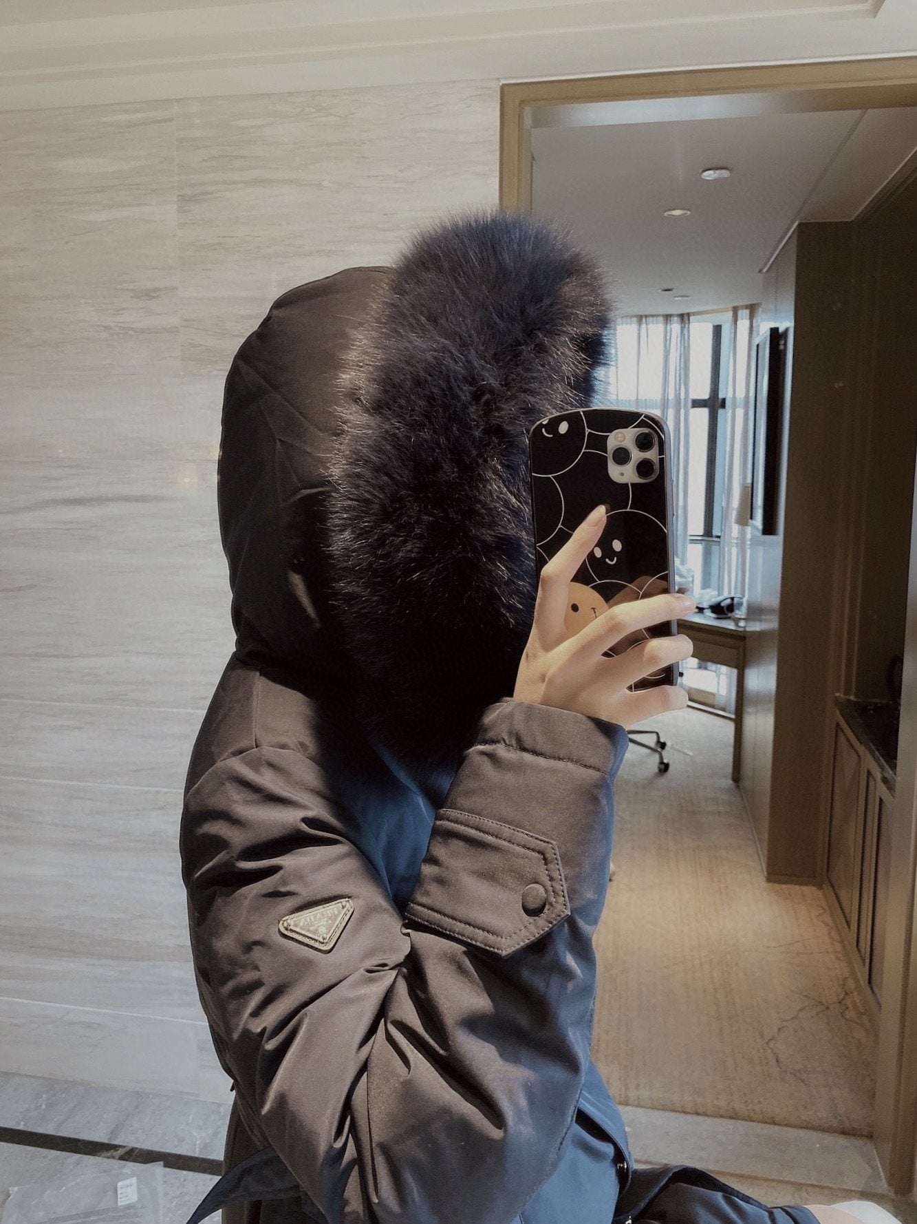 Prada Fur-Trim Hood Belted Long Down Jacket — detail