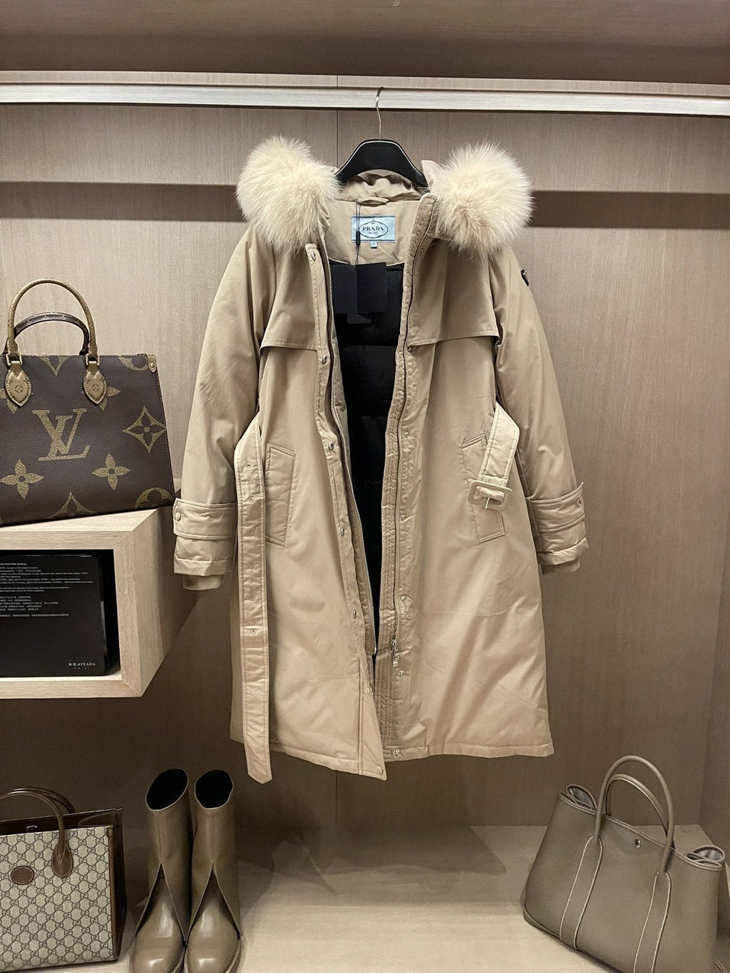 Prada Fur-Trim Hood Belted Long Down Jacket — detail