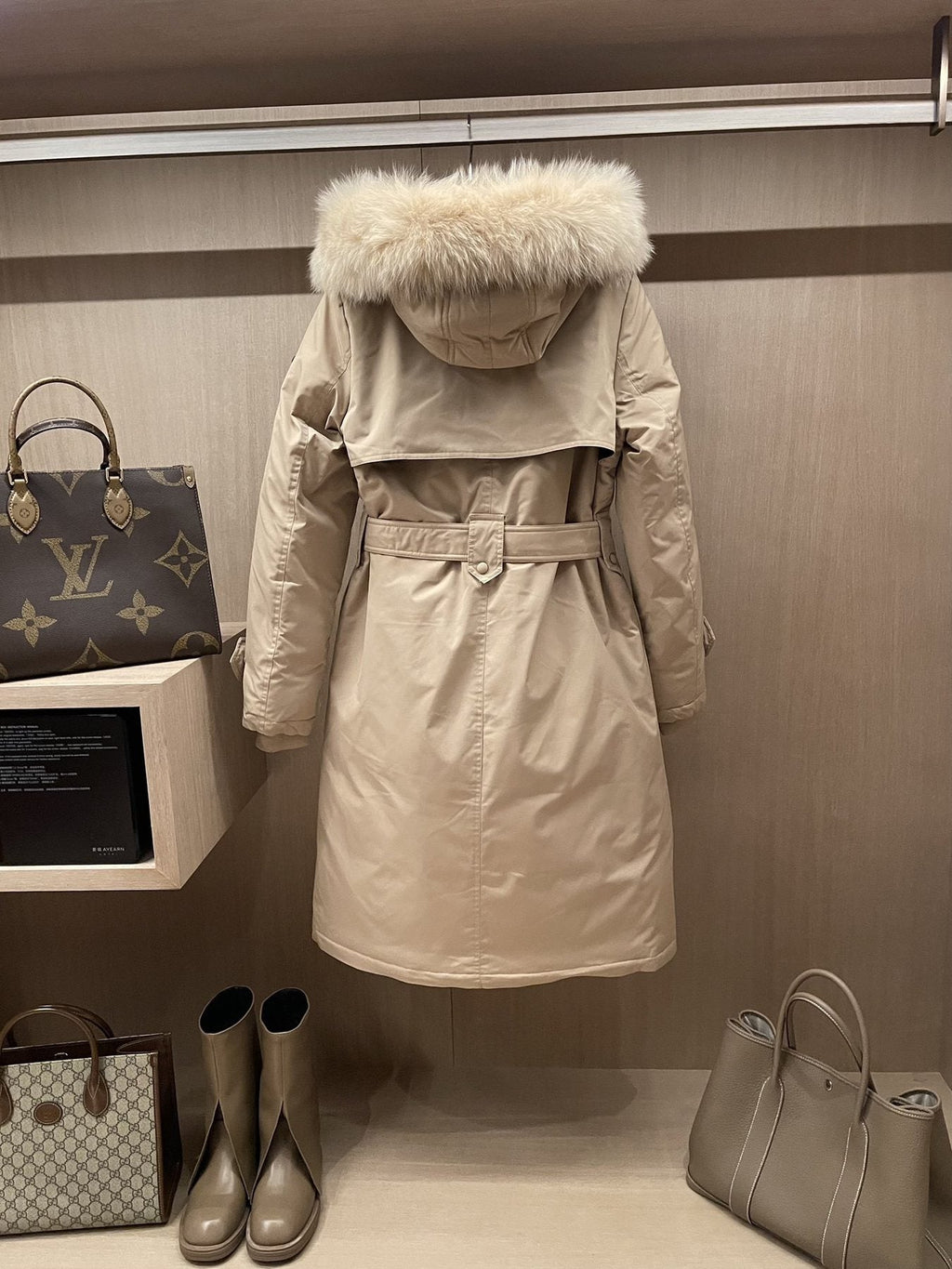 Prada Fur-Trim Hood Belted Long Down Jacket — back