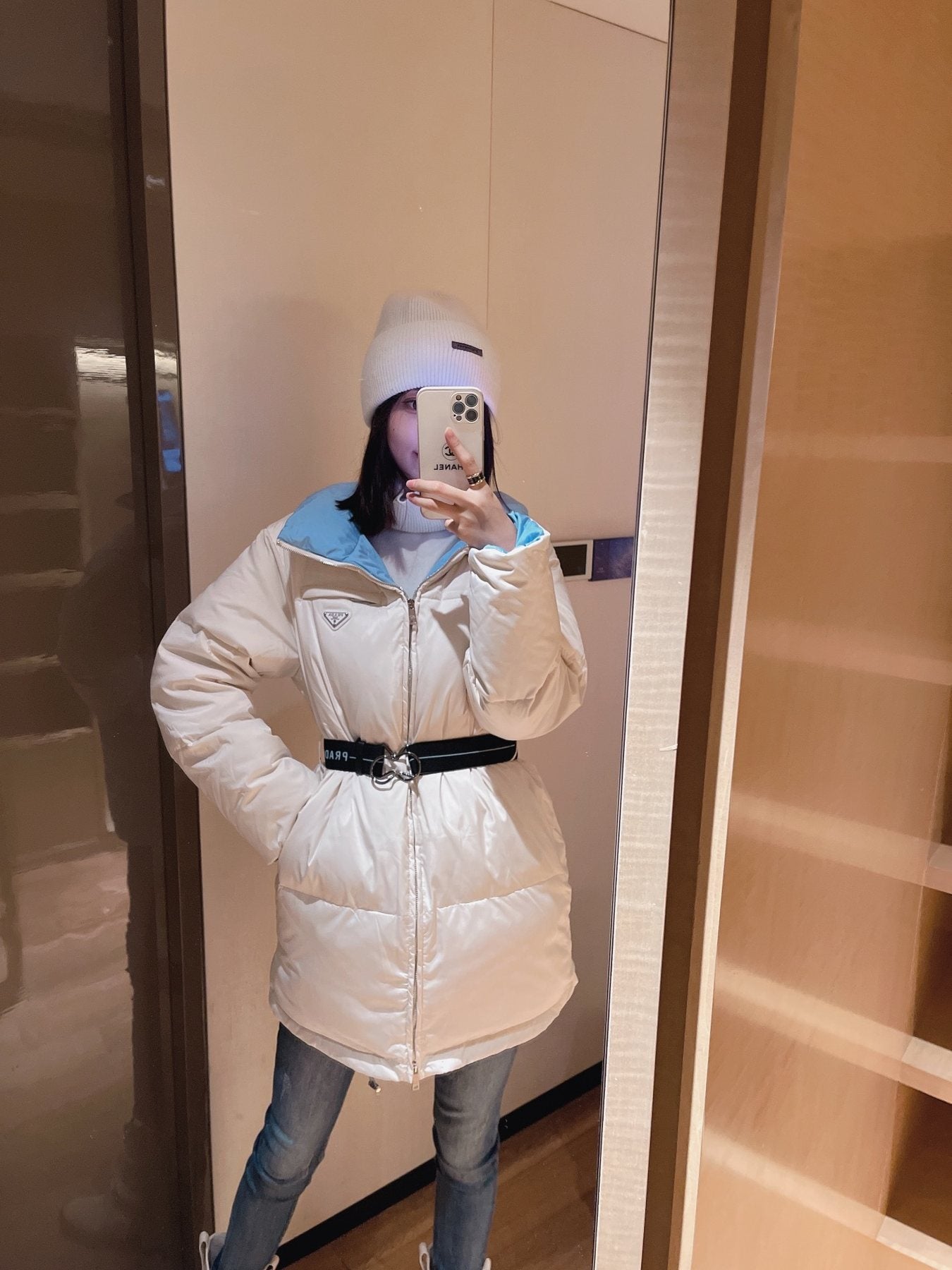 Prada Reversible Belted Long Puffer Jacket — context