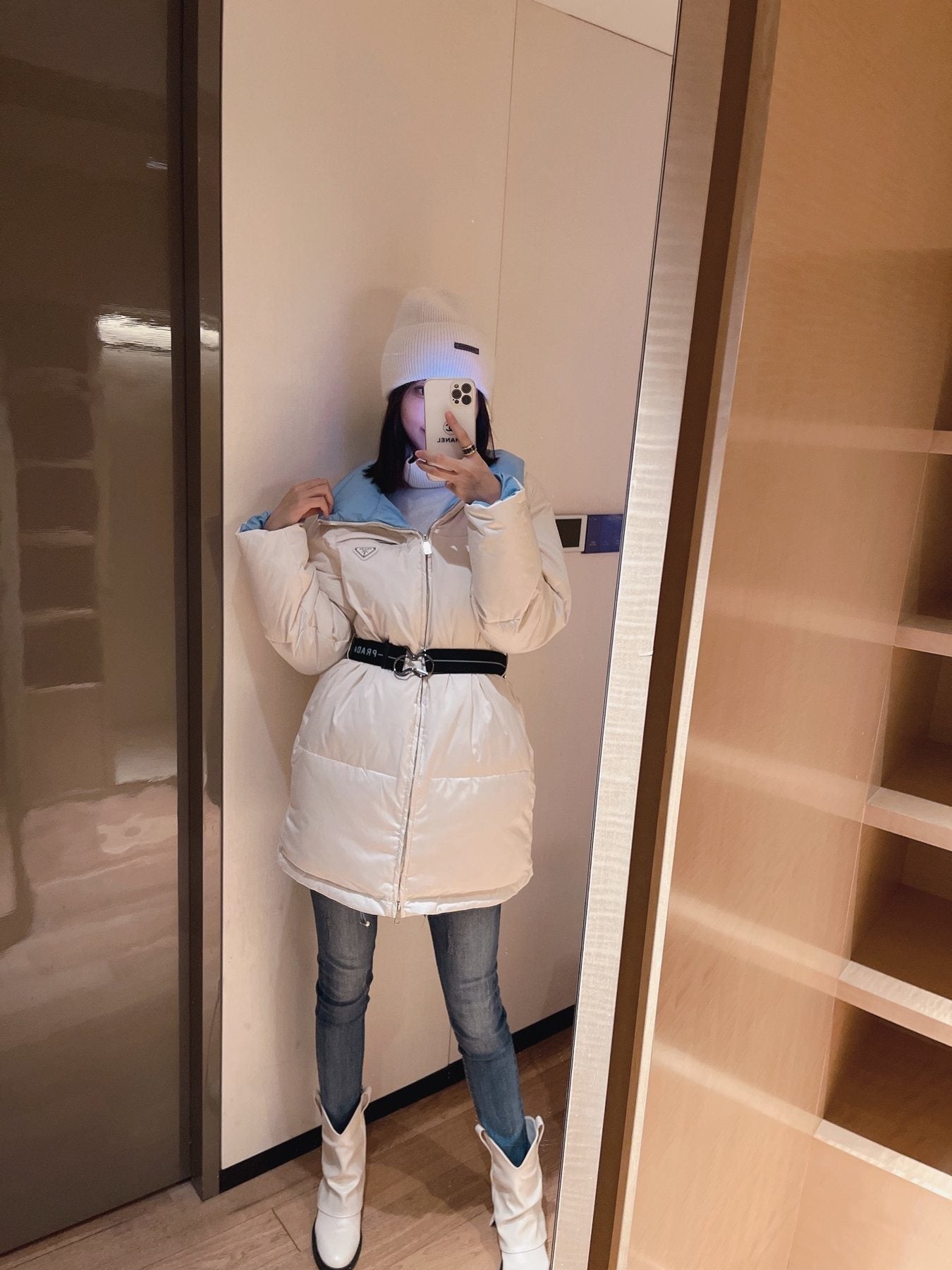 Prada Reversible Belted Long Puffer Jacket — context
