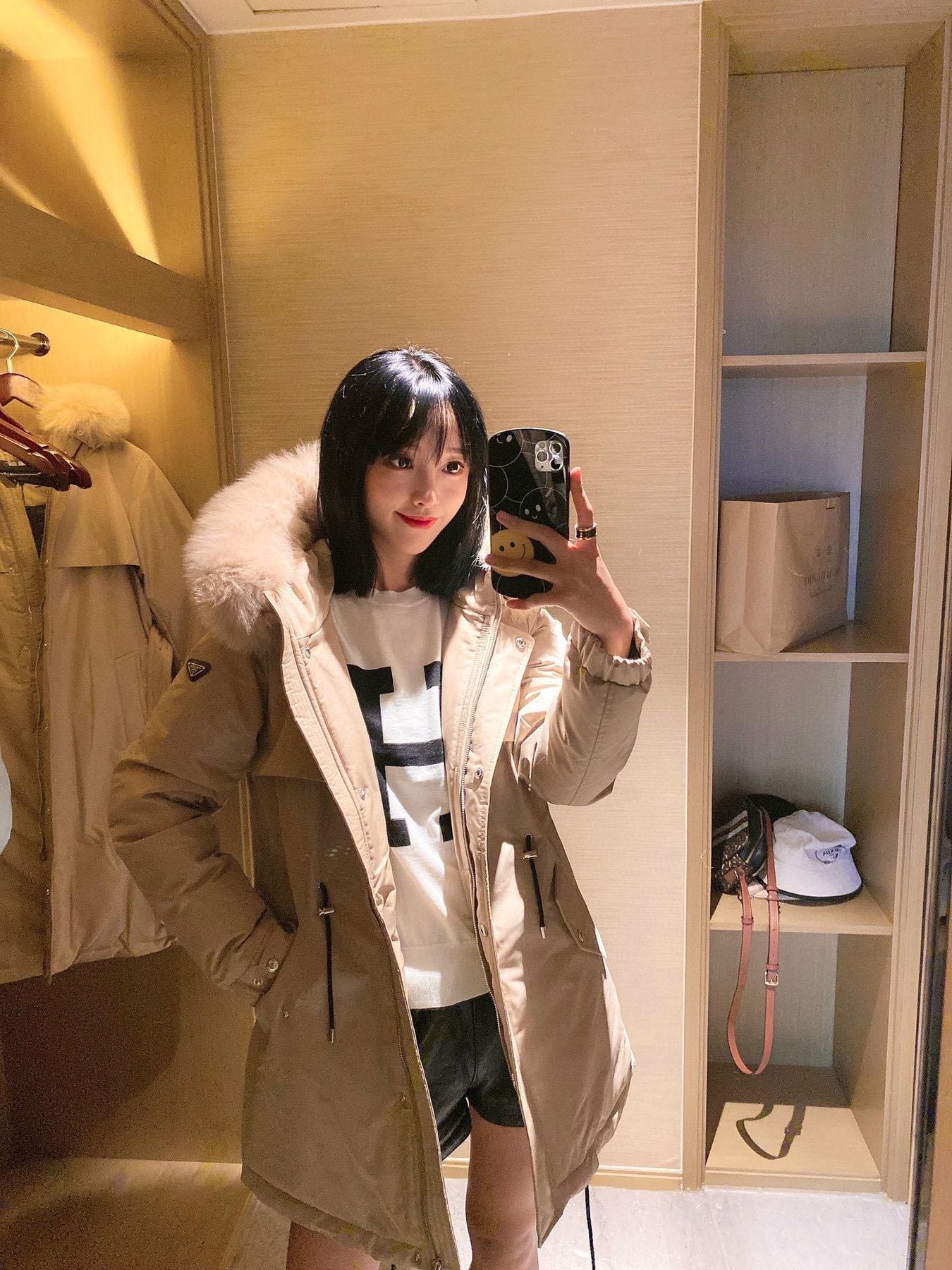 Prada Detachable Fox Fur-Trim Hood Long Down Jacket — context