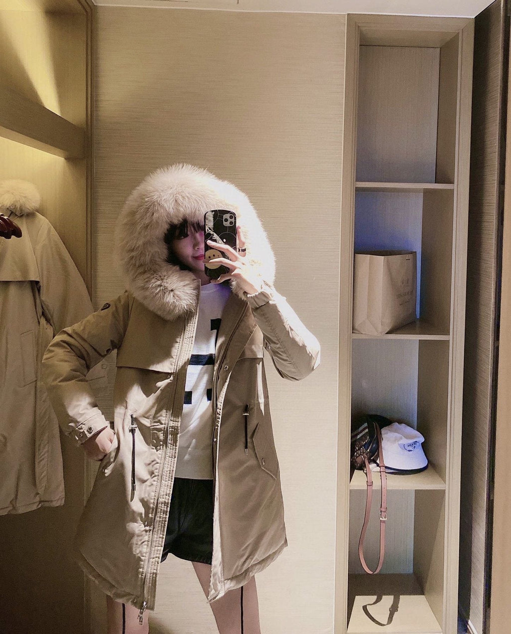 Prada Detachable Fox Fur-Trim Hood Long Down Jacket — context