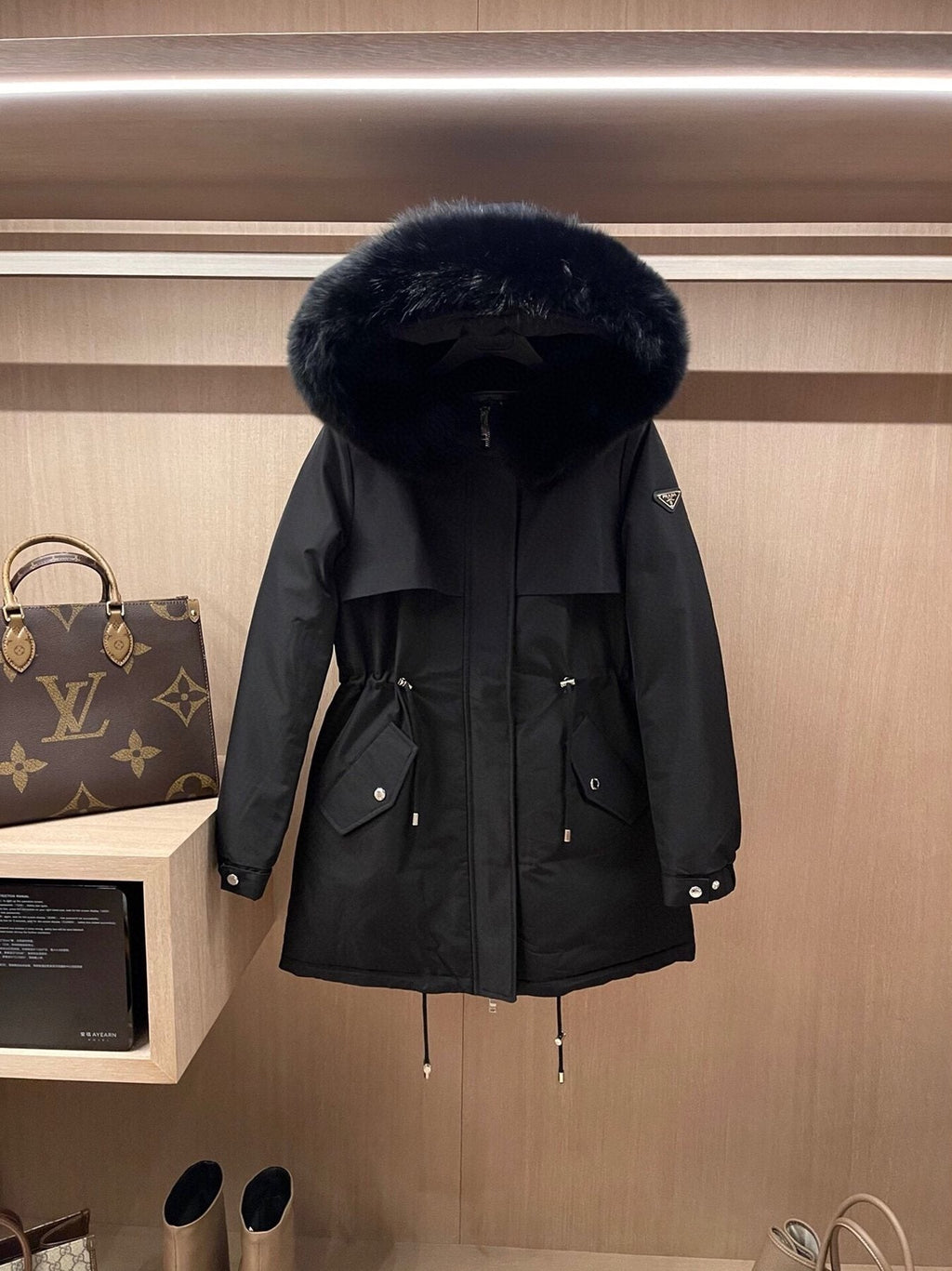 Prada Detachable Fox Fur-Trim Hood Long Down Jacket — front
