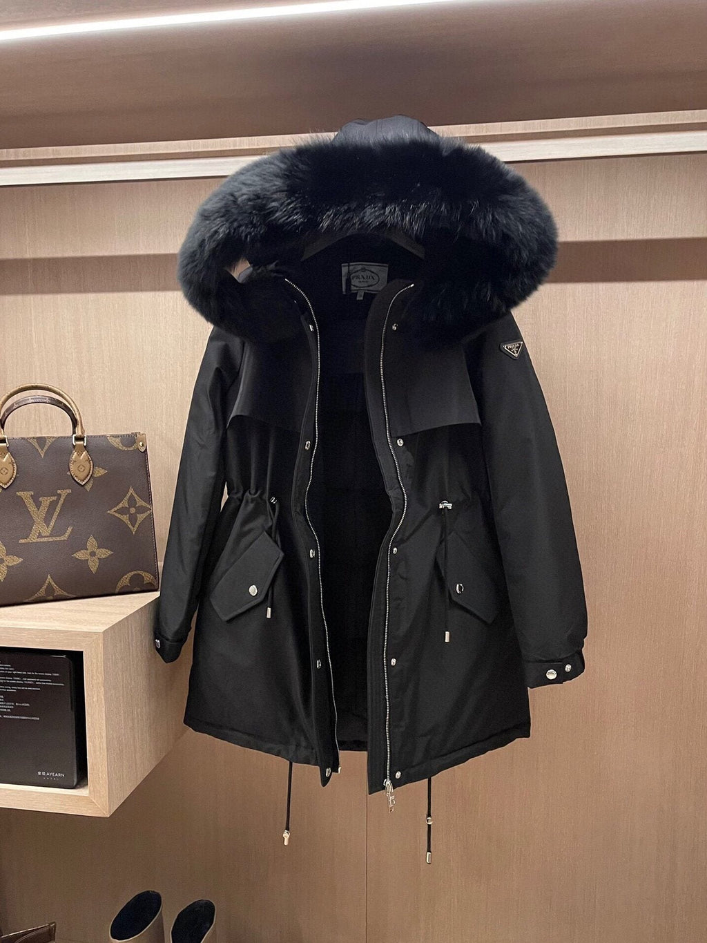 Prada Detachable Fox Fur-Trim Hood Long Down Jacket — detail