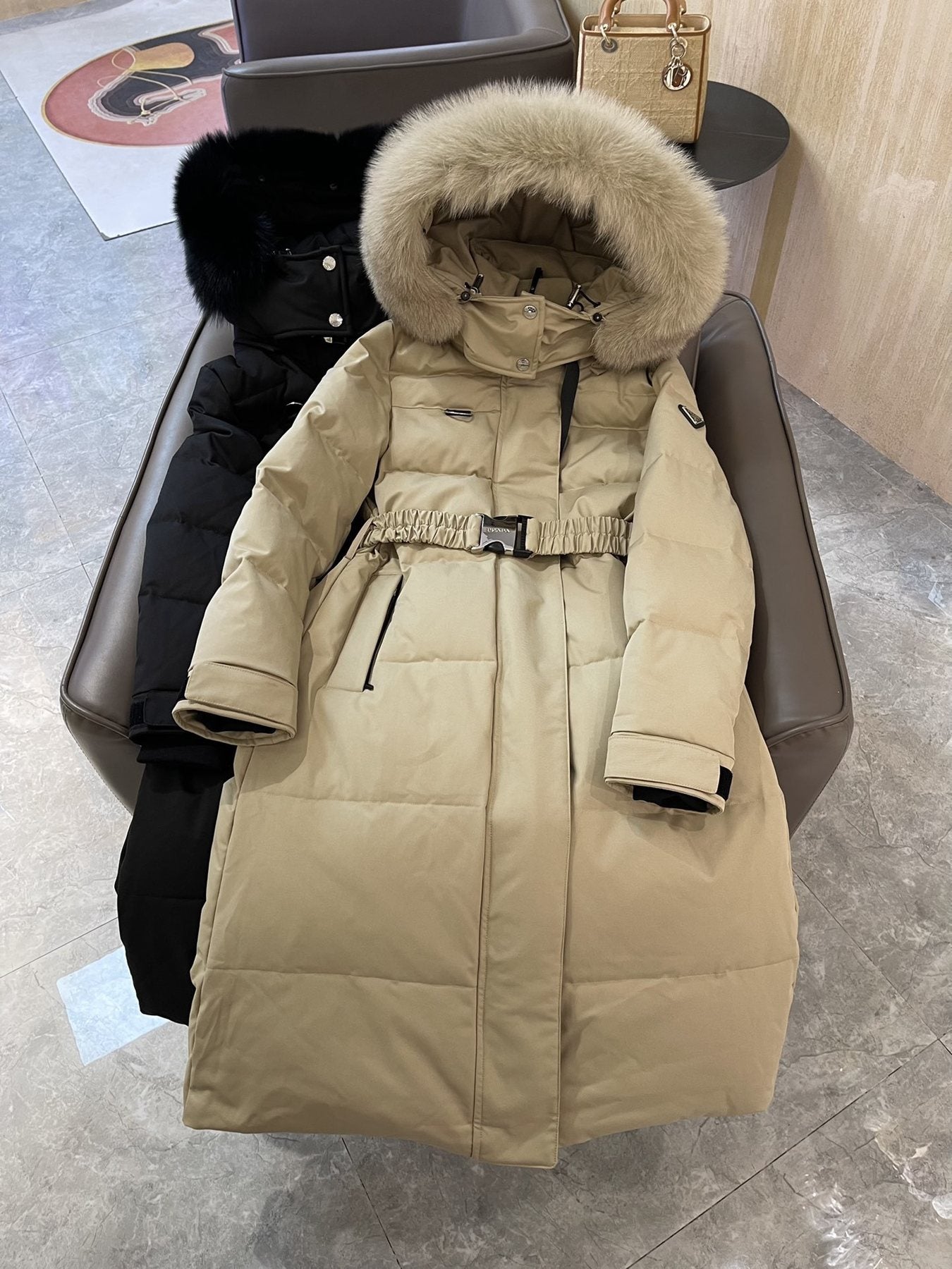 Prada Fur-Trim Belted Long Down Jacket — context