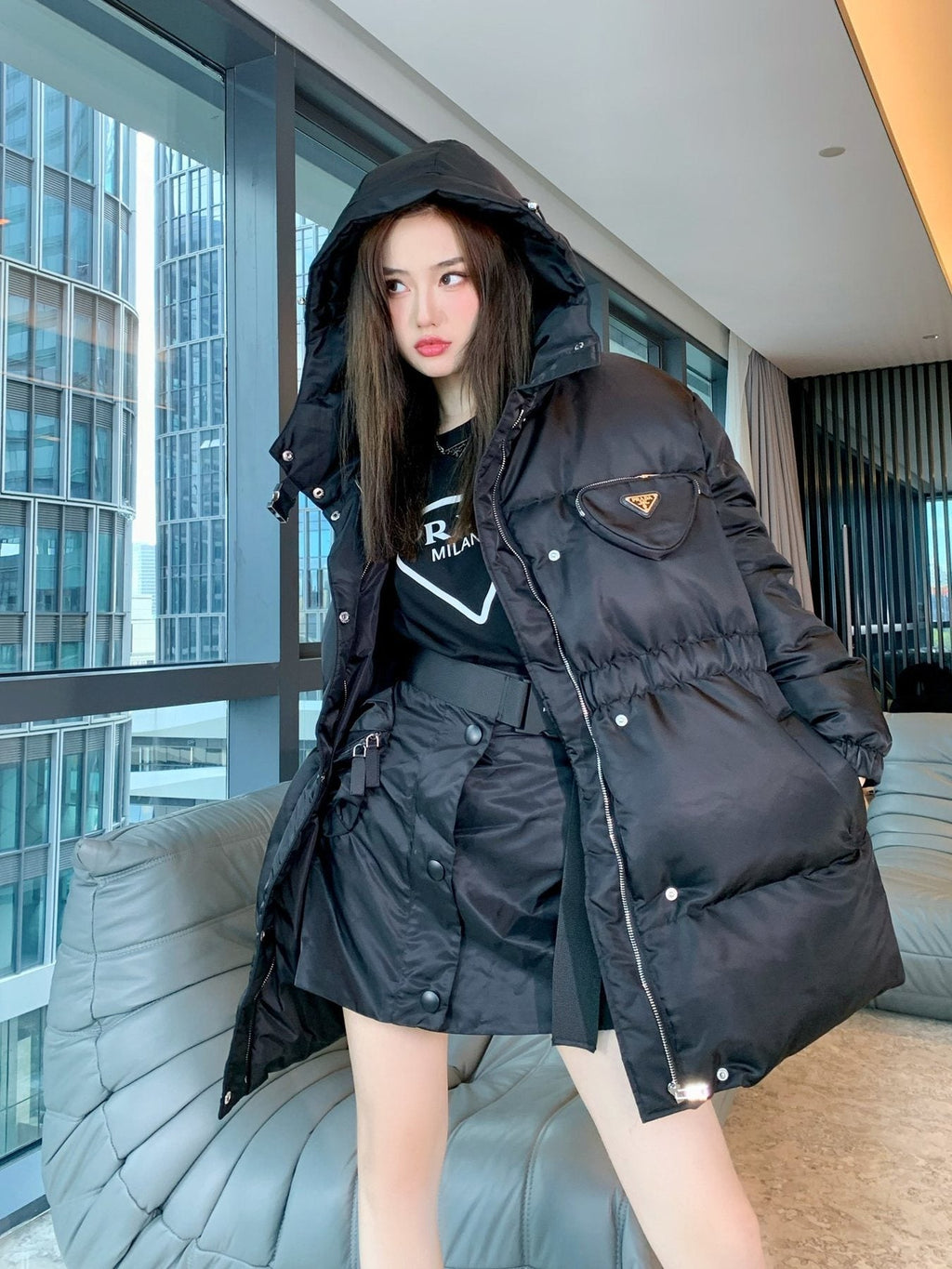Prada Hooded Gathered-Waist Puffer Jacket — context