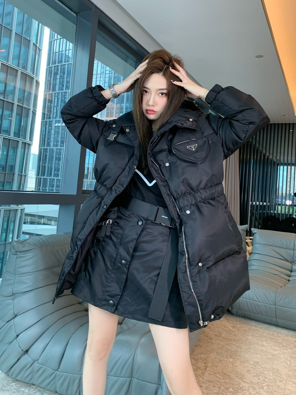 Prada Hooded Gathered-Waist Puffer Jacket — context