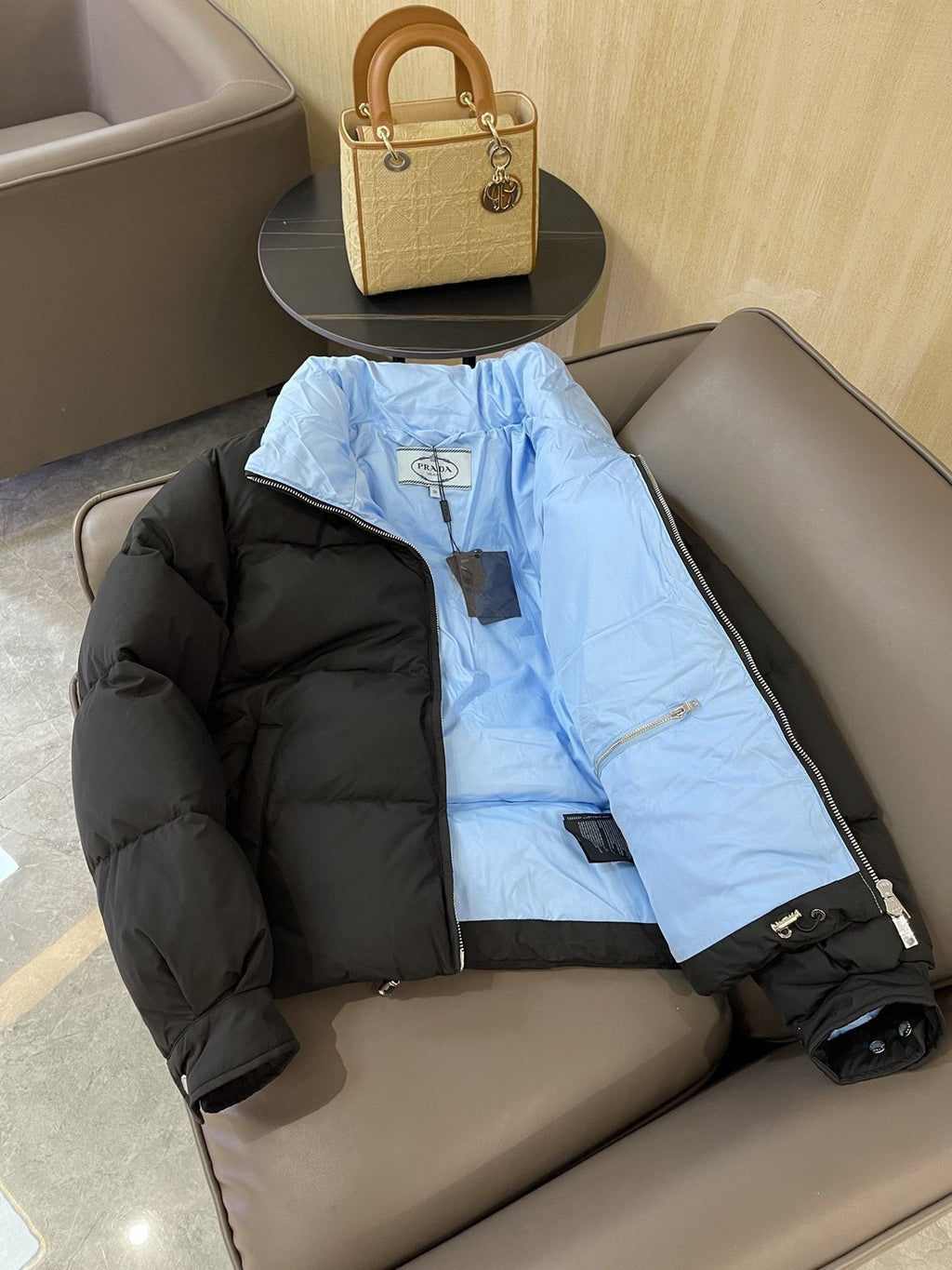 Prada Reversible Cropped Puffer Jacket with Removable Bow Scarf — detail