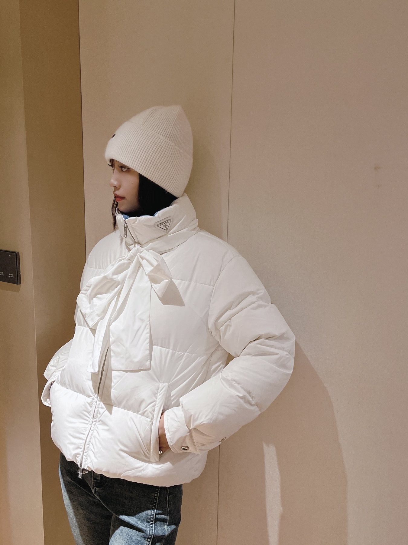 Prada Reversible Cropped Puffer Jacket with Removable Bow Scarf — context