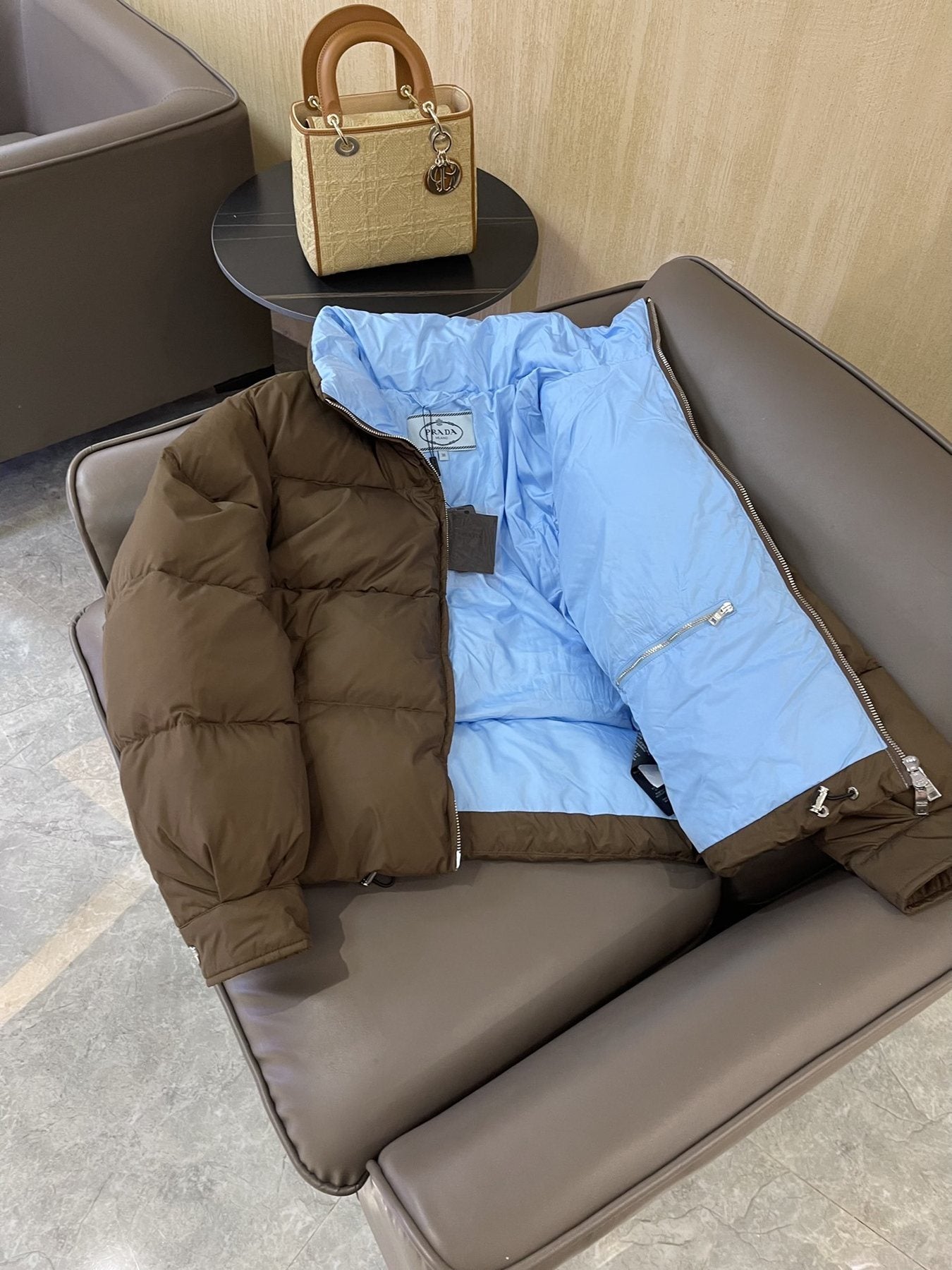 Prada Reversible Cropped Puffer Jacket with Removable Bow Scarf — detail