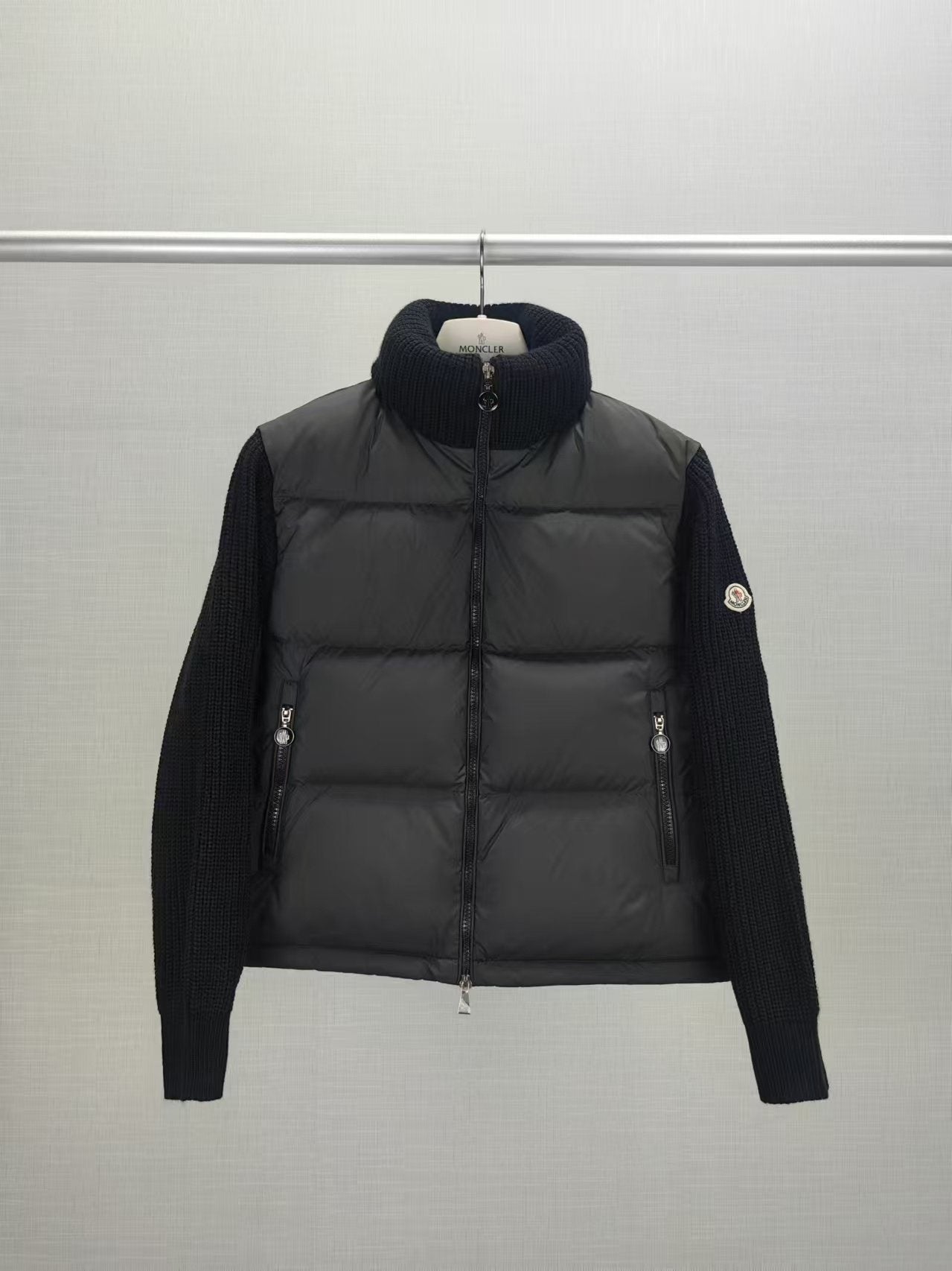 Moncler Women's High-Collar Knit-Sleeve Down Jacket — hero