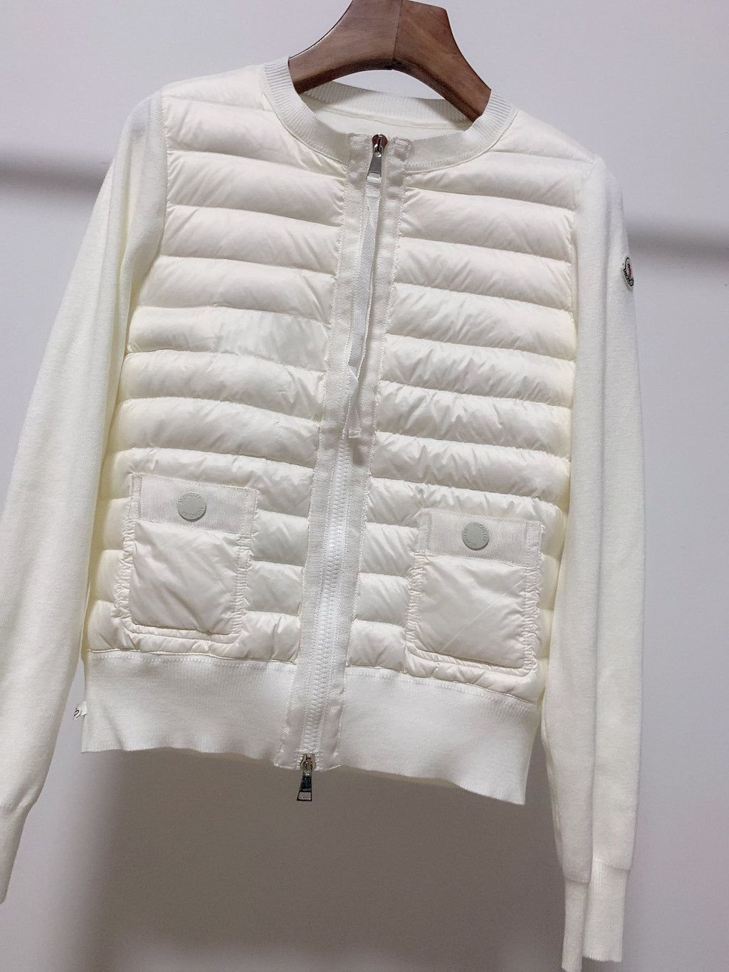 Moncler Women's Quilted Knit-Sleeve Zip-Front Jacket — detail