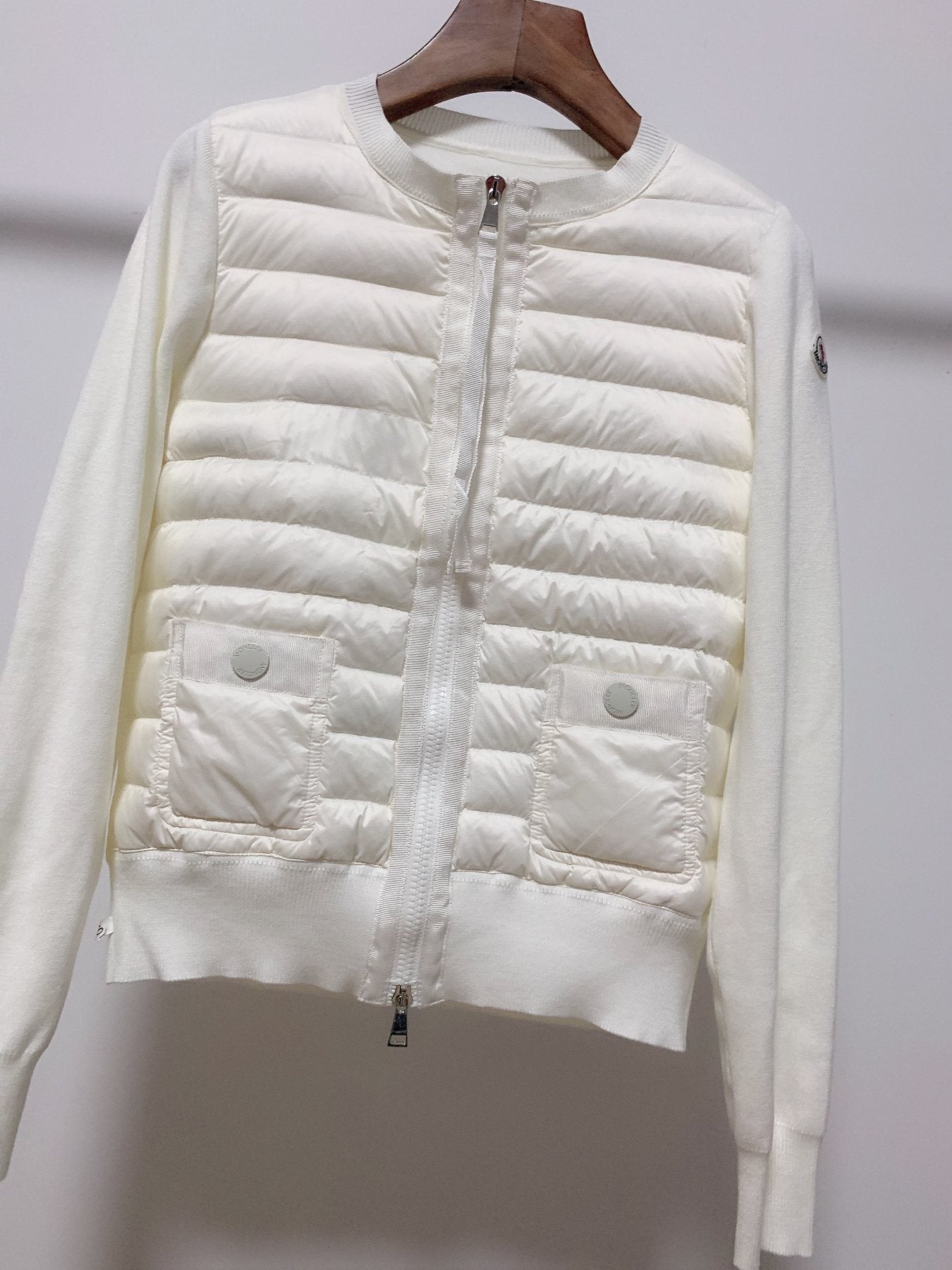 Moncler Women's Quilted Knit-Sleeve Zip-Front Jacket — detail