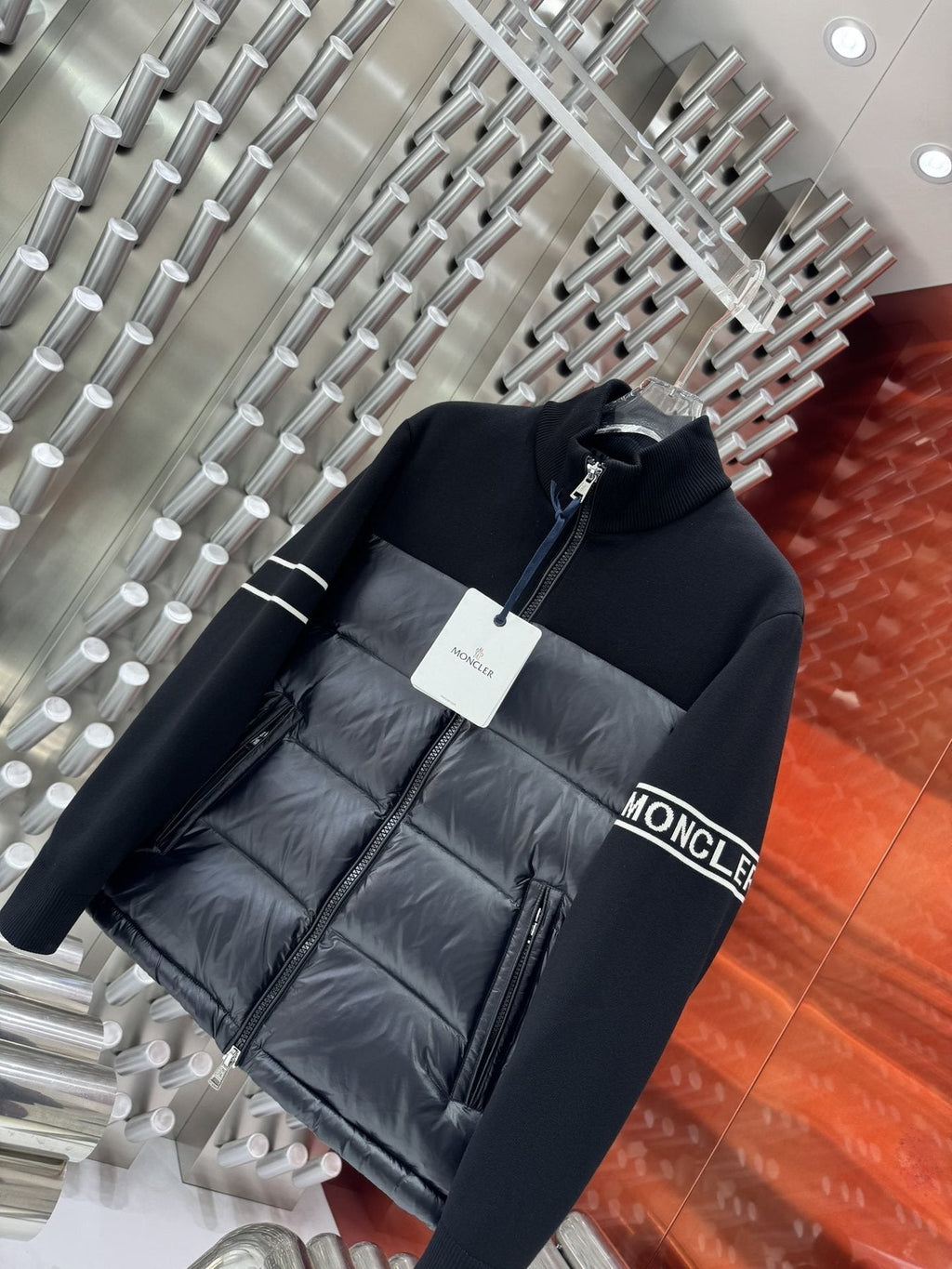 Moncler Knit-Sleeve Down Jacket — detail