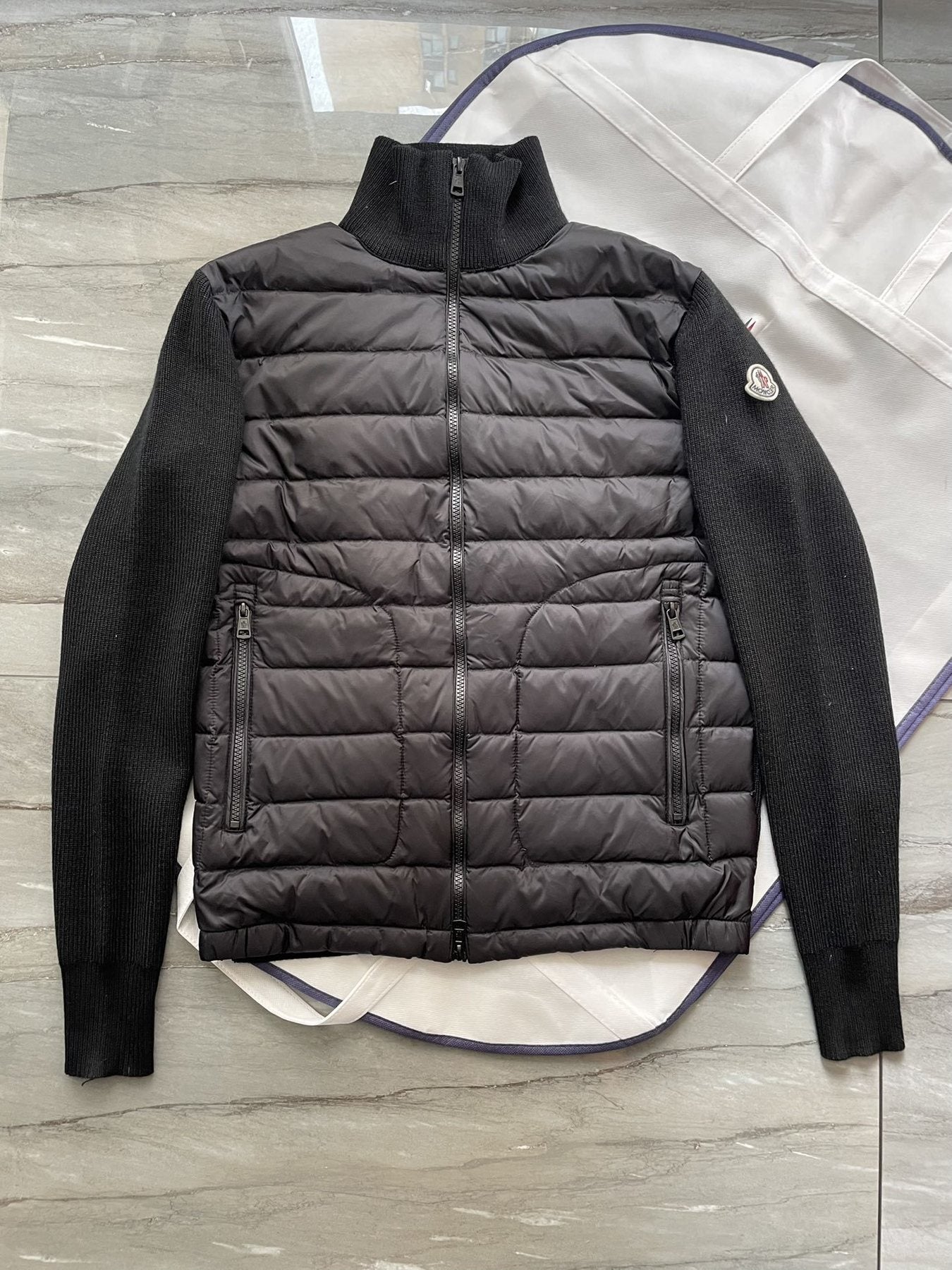 Moncler Black Hybrid Padded Knit Zip Jacket — front
