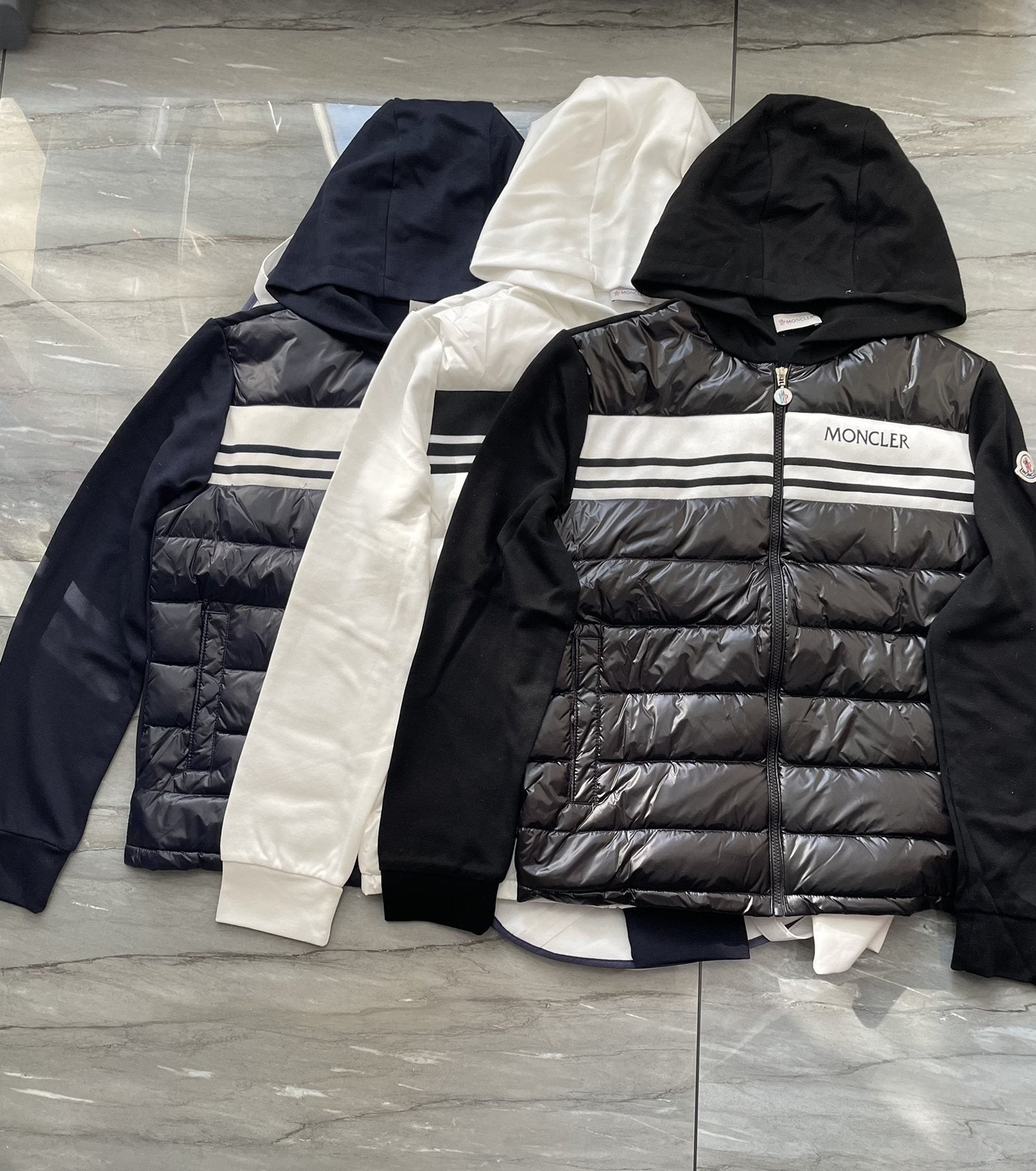 Moncler Hooded Knit-Sleeve Puffer Jacket — comparison