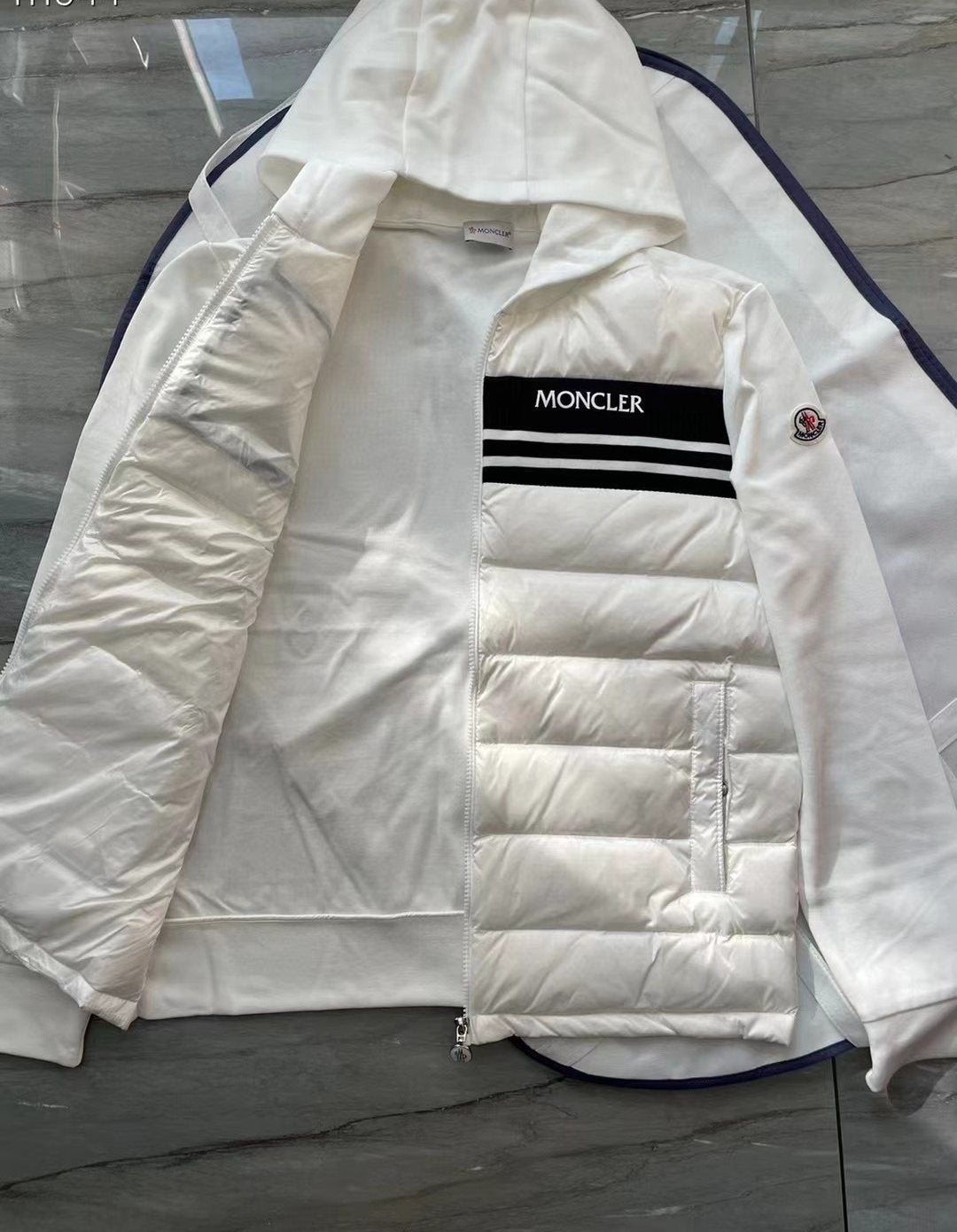 Moncler Hooded Knit-Sleeve Puffer Jacket — detail