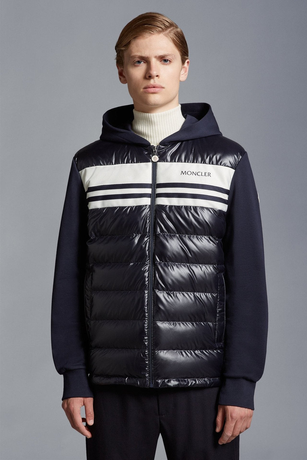 Moncler Hooded Knit-Sleeve Puffer Jacket — hero