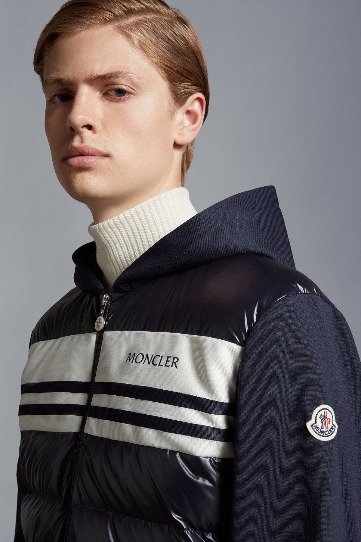 Moncler Hooded Knit-Sleeve Puffer Jacket — detail