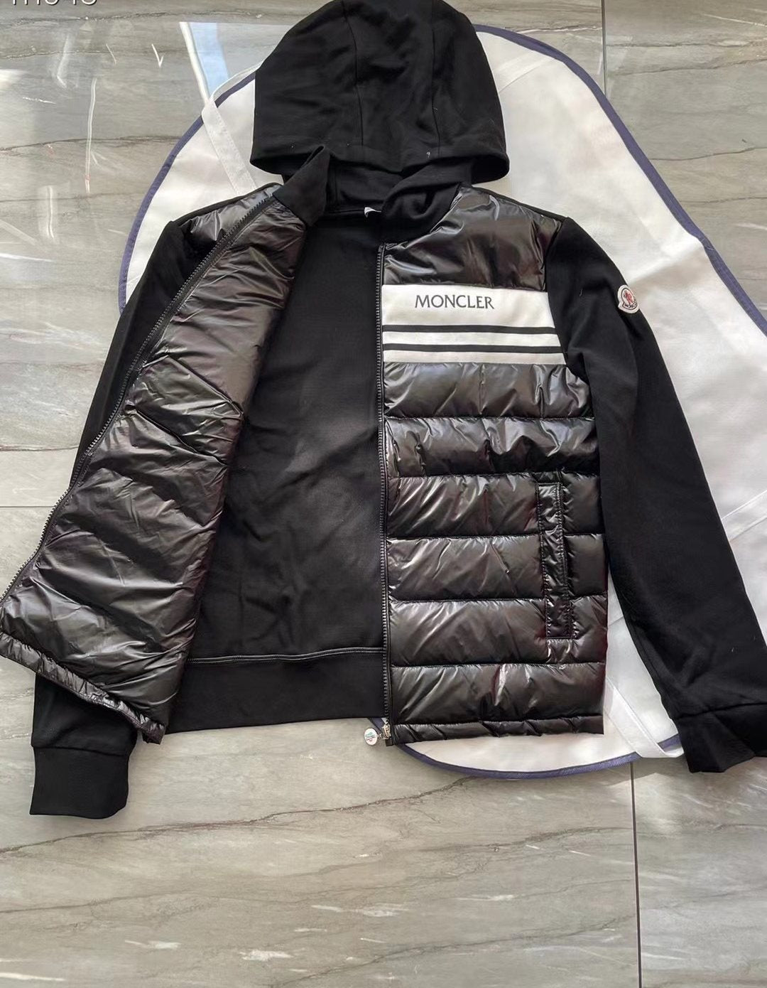 Moncler Hooded Knit-Sleeve Puffer Jacket — detail