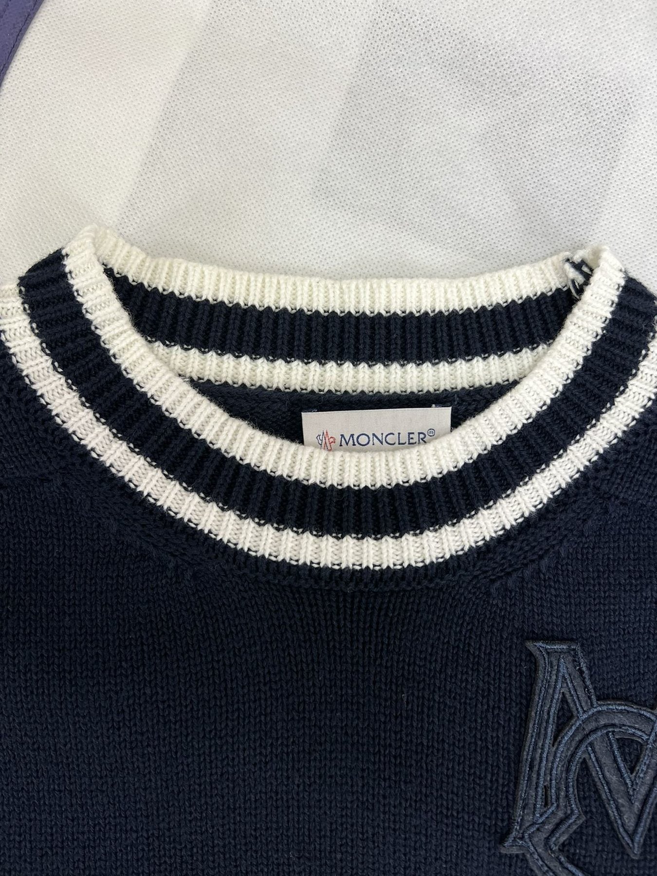 Moncler Navy Chest Monogram Knit Sweater — neck_label