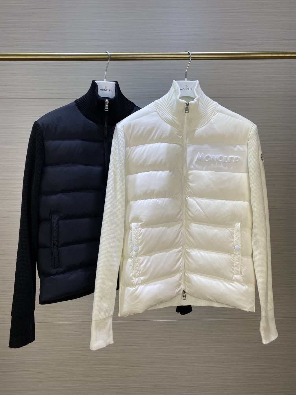 Moncler Quilted Front Knit Sleeve Zip Jacket — comparison