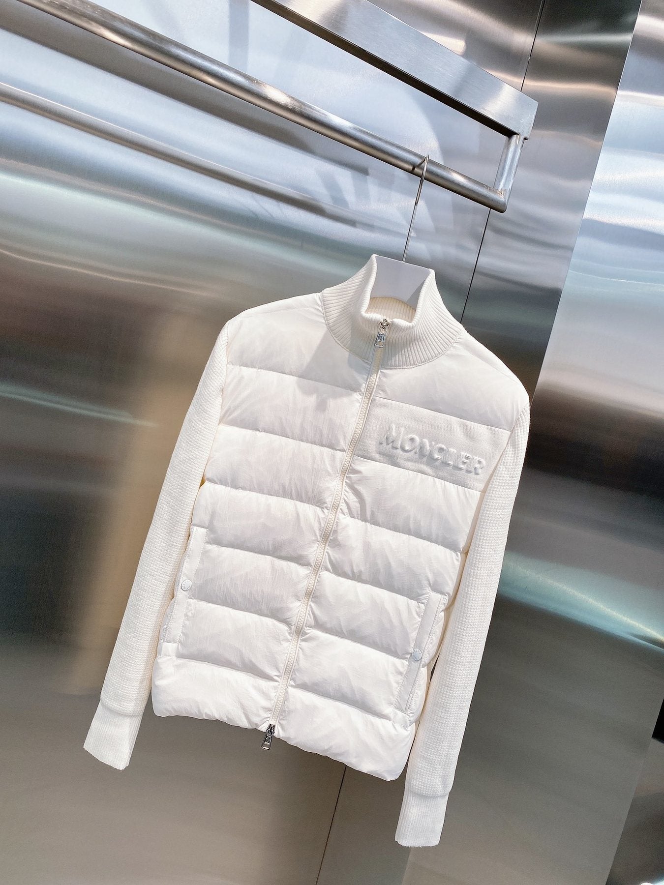 Moncler Quilted Front Knit Sleeve Zip Jacket — context