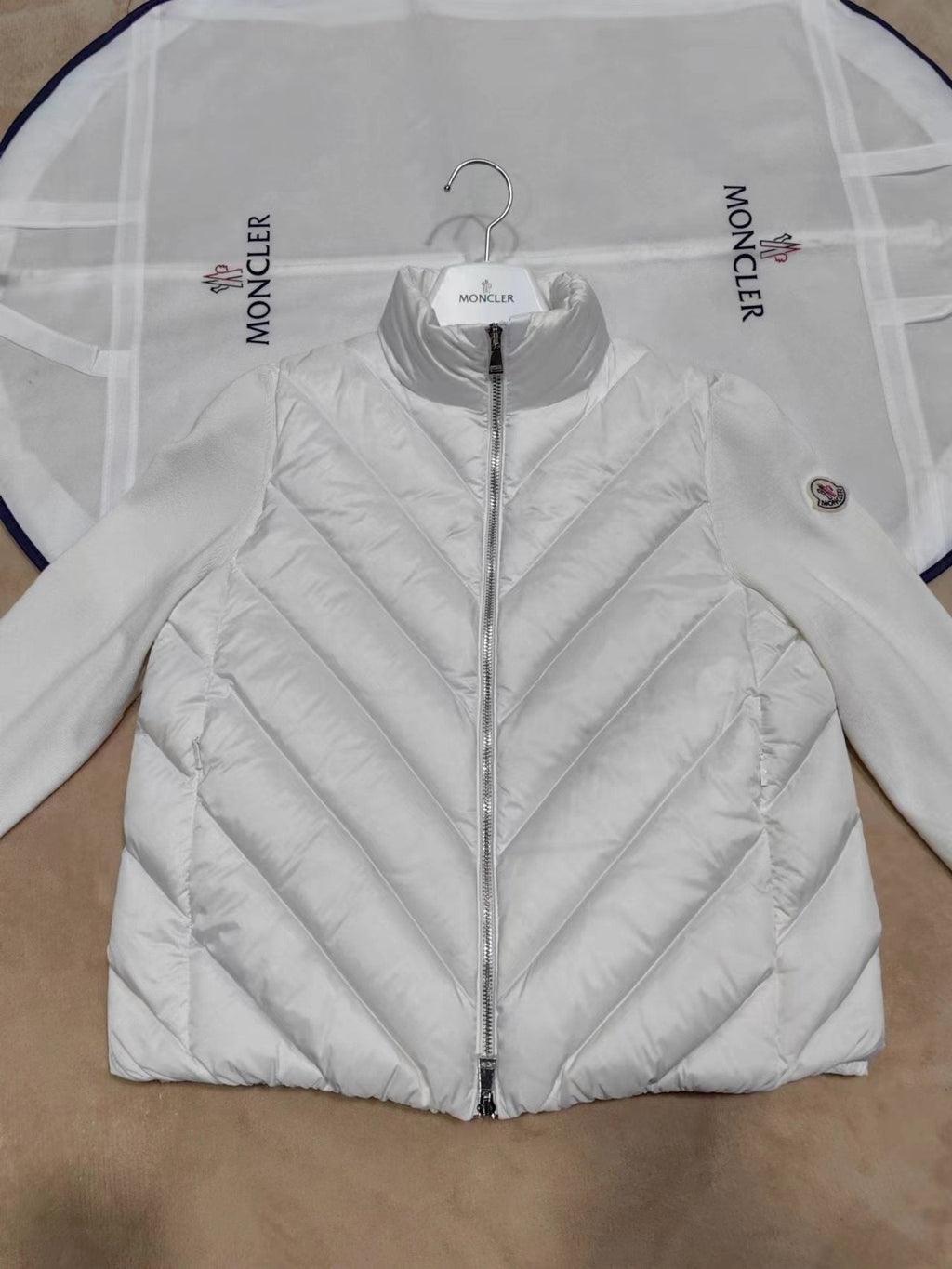 Moncler Knit-Sleeve Chevron Quilted Down Jacket — front