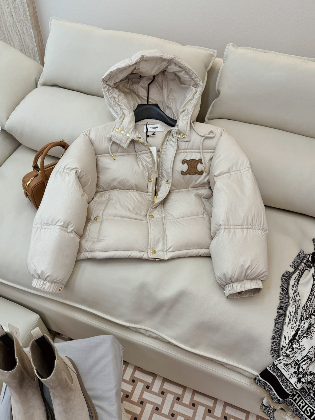 CEL*NE Down Coat Cropped Hooded Puffer Coat — detail