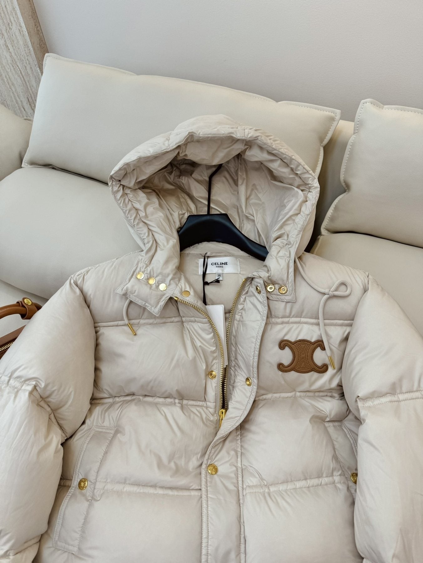 CEL*NE Down Coat Cropped Hooded Puffer Coat — detail