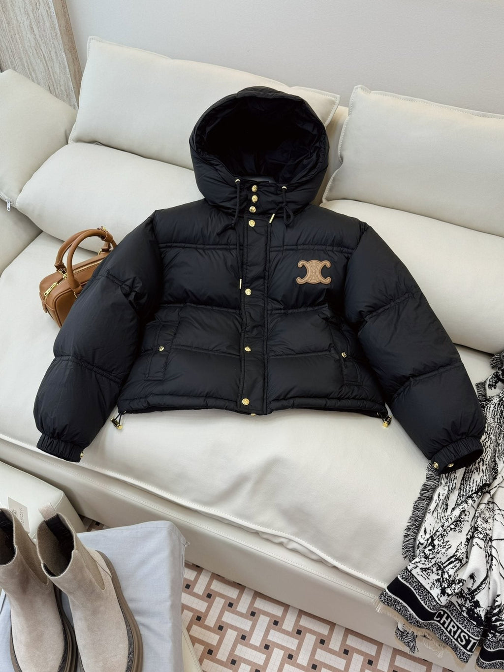 CEL*NE Down Coat Cropped Hooded Puffer Coat — front