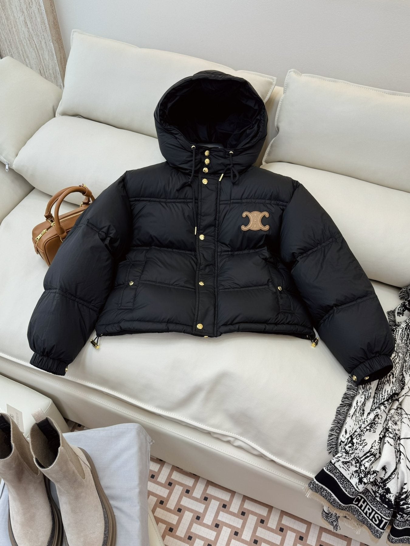 CEL*NE Down Coat Cropped Hooded Puffer Coat — front