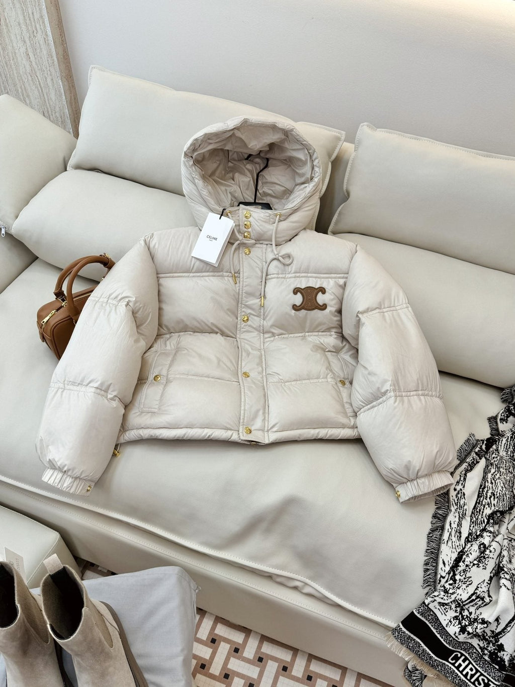 CEL*NE Down Coat Cropped Hooded Puffer Coat — front