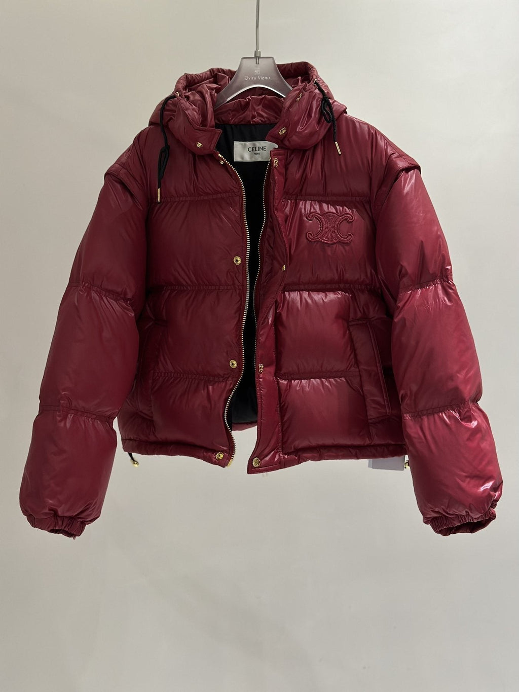CEL*NE Down Coat Glossy Hooded Quilted Puffer Coat — front