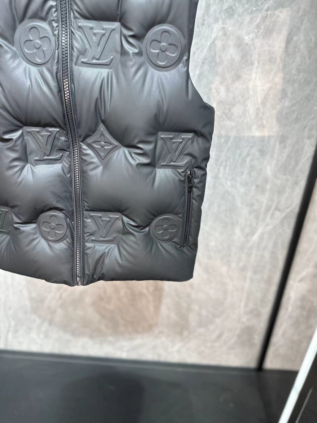 LV Tonal Monogram Hooded Quilted Vest — fabric_closeup